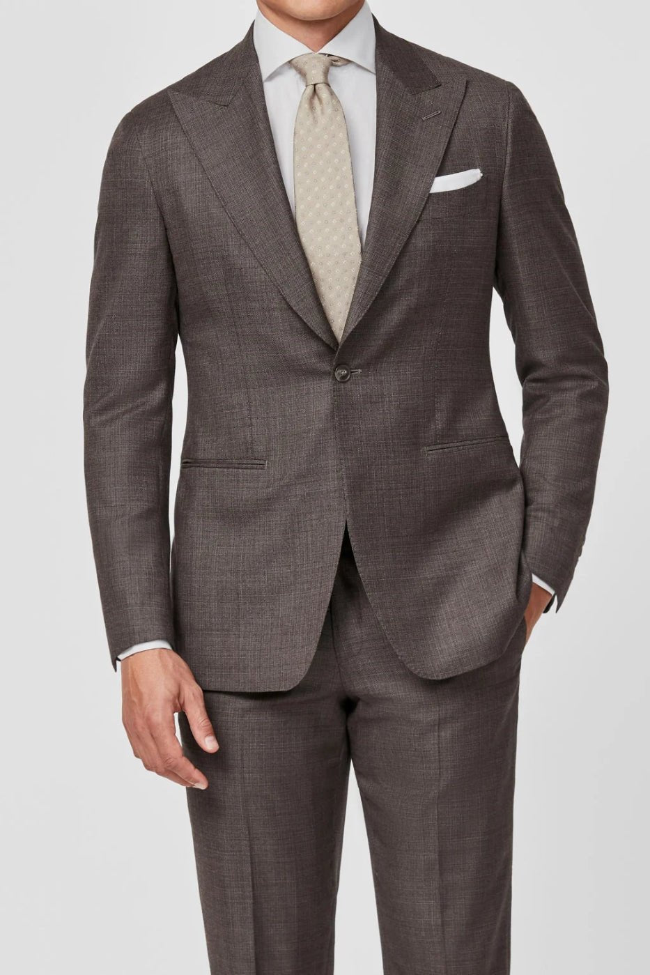 Grey Brown Suit custom tailored in Sydney Australia, front view.