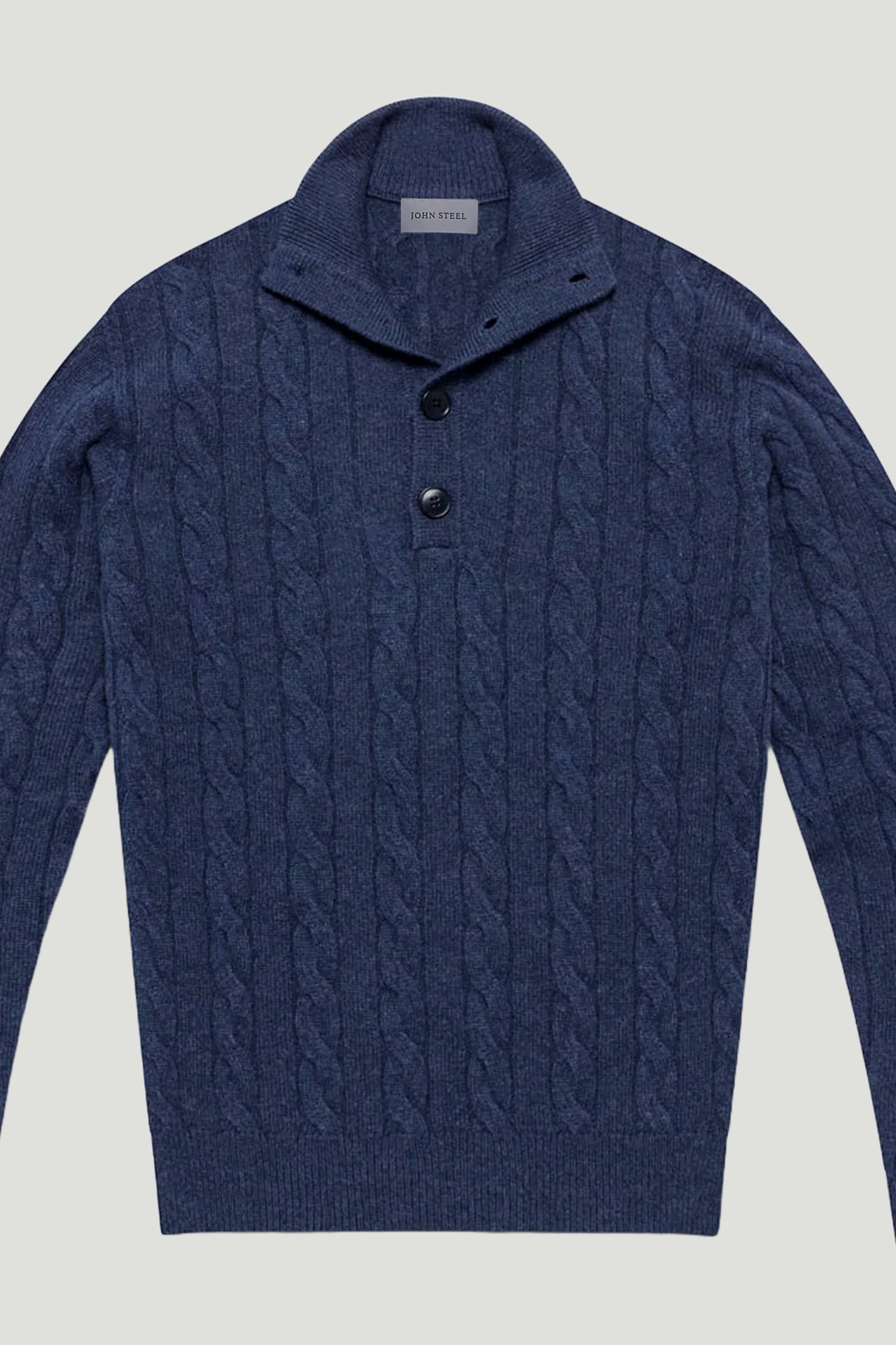 Blue Cashmere Sweater with cable knit custom tailored in Sydney Australia, front view.