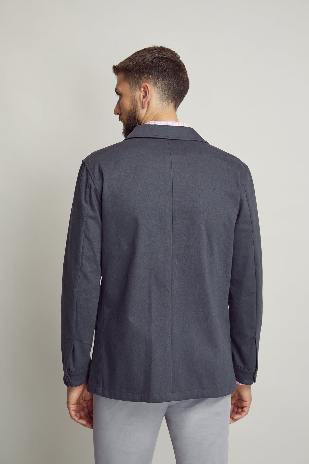 Grey Chore Jacket custom tailored in Sydney Australia, back view.