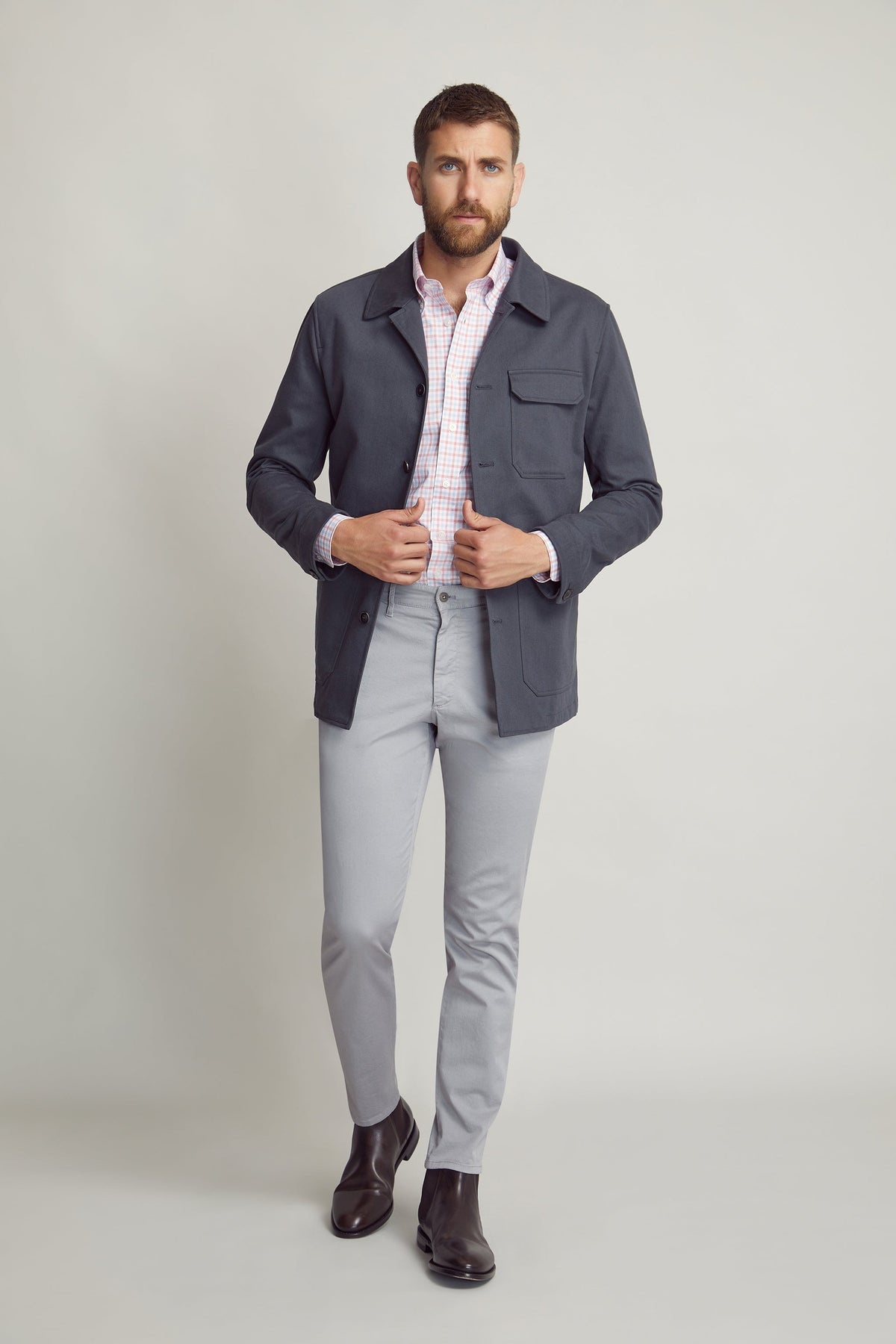 Grey Chore Jacket custom tailored in Sydney Australia, front view.