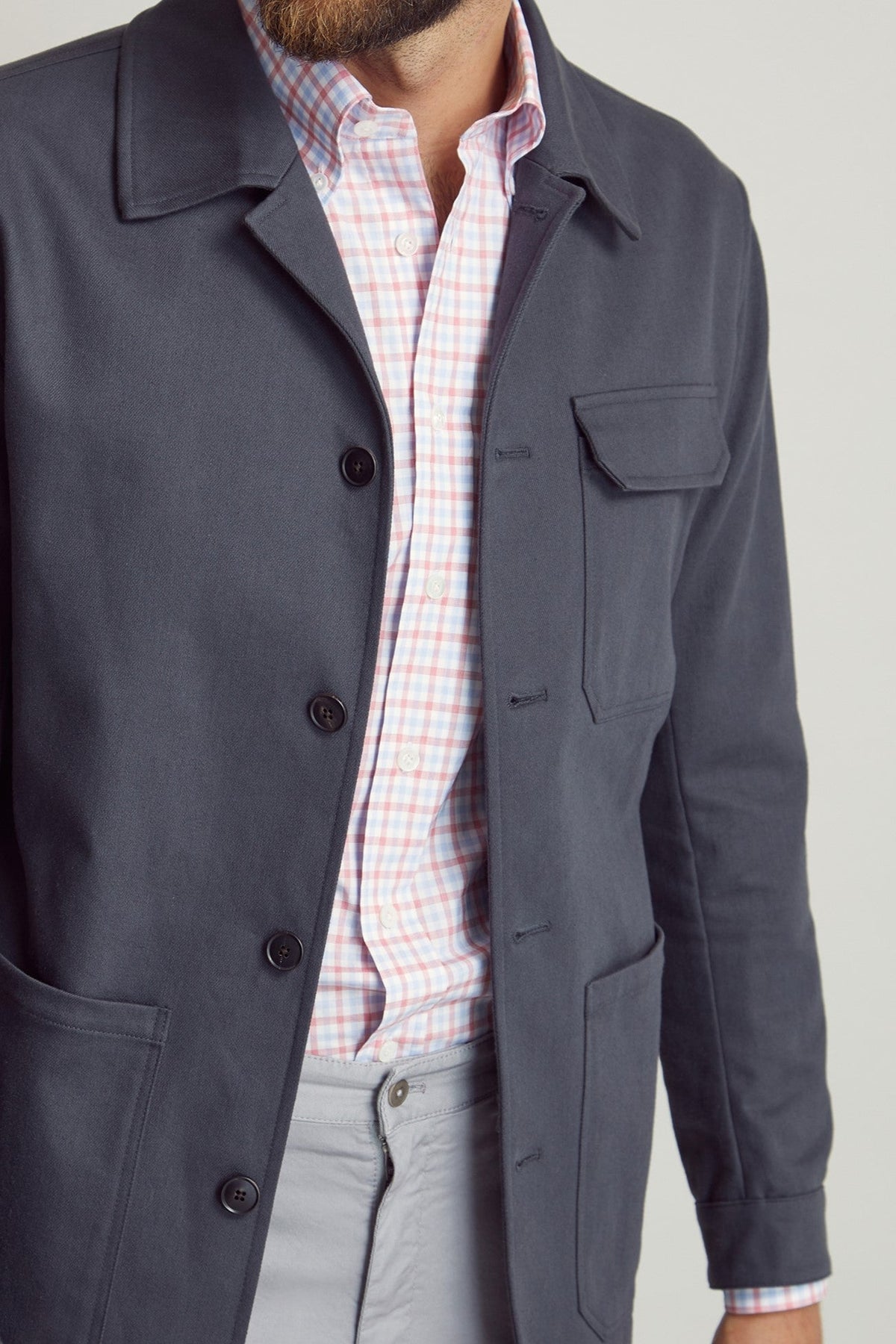 Grey Chore Jacket custom tailored in Sydney Australia, close up view.