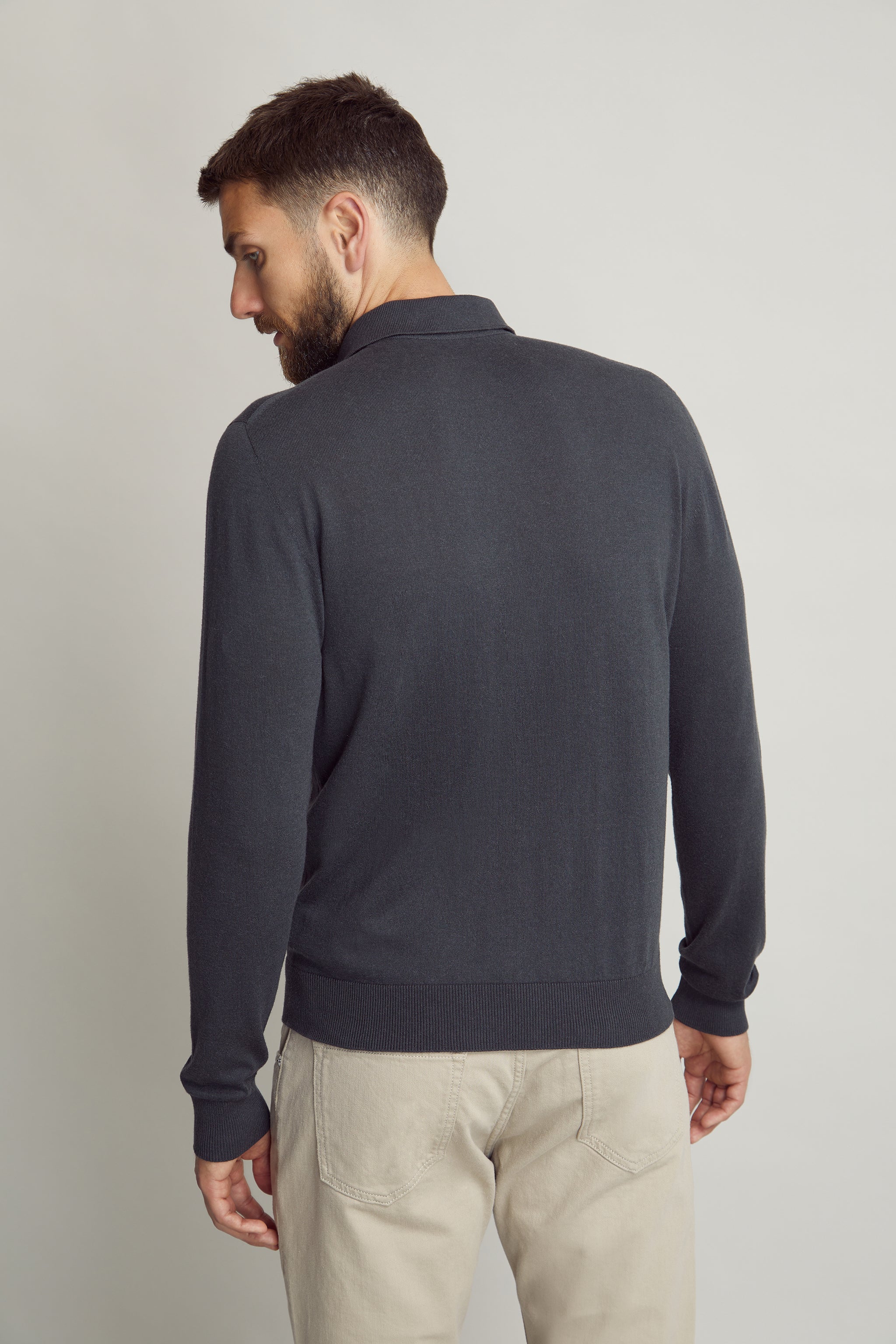 Charcoal Cotton Cashmere Polo Knit custom tailored in Sydney Australia, back view.