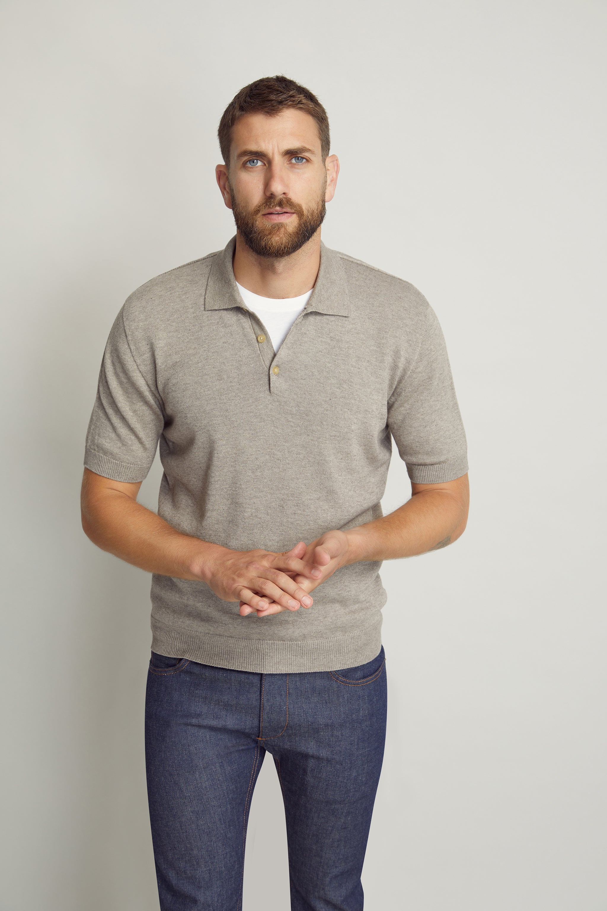Taupe Cotton Cashmere Polo Knit custom tailored in Sydney Australia, front view.