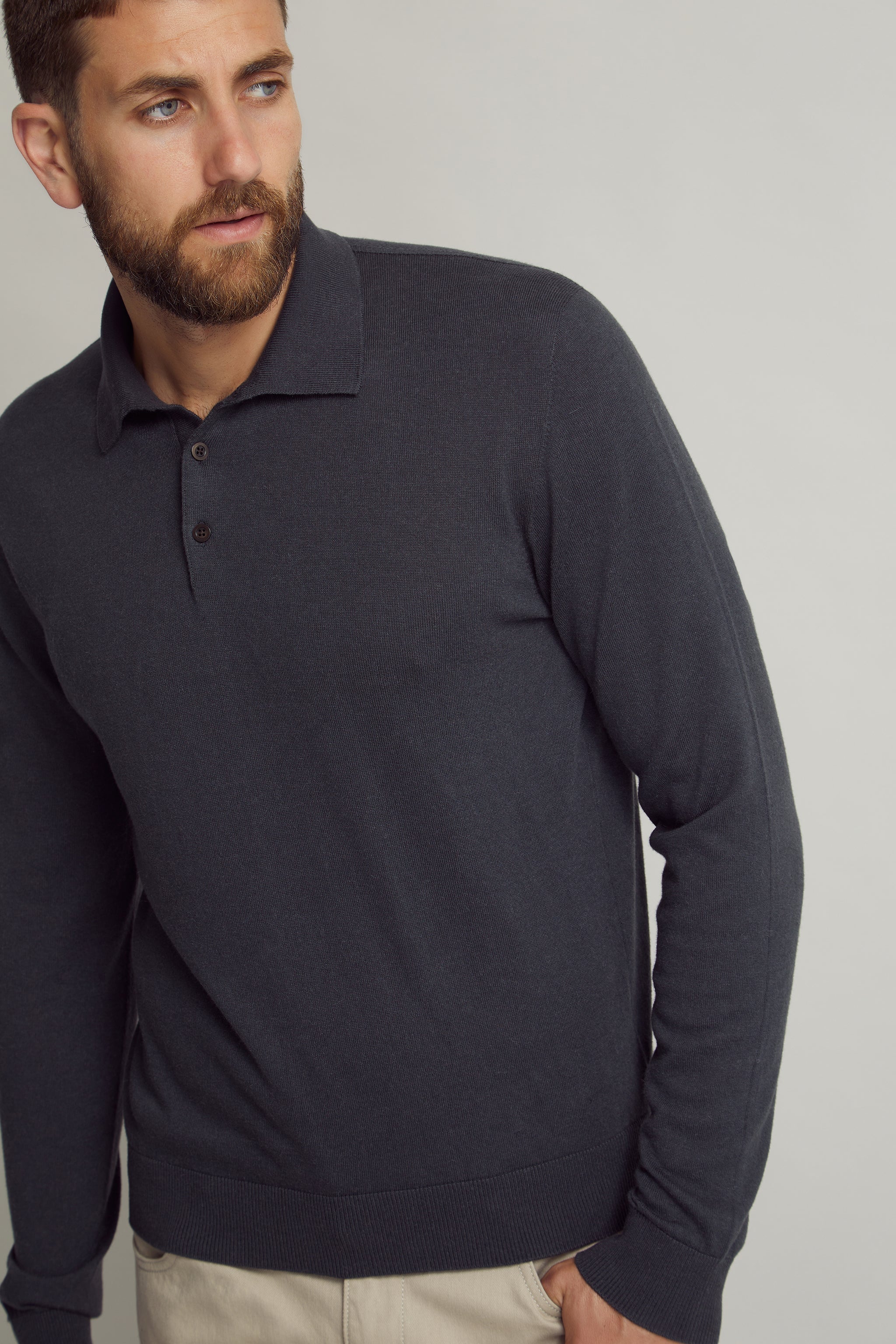 Charcoal Cotton Cashmere Polo Knit custom tailored in Sydney Australia, front view.