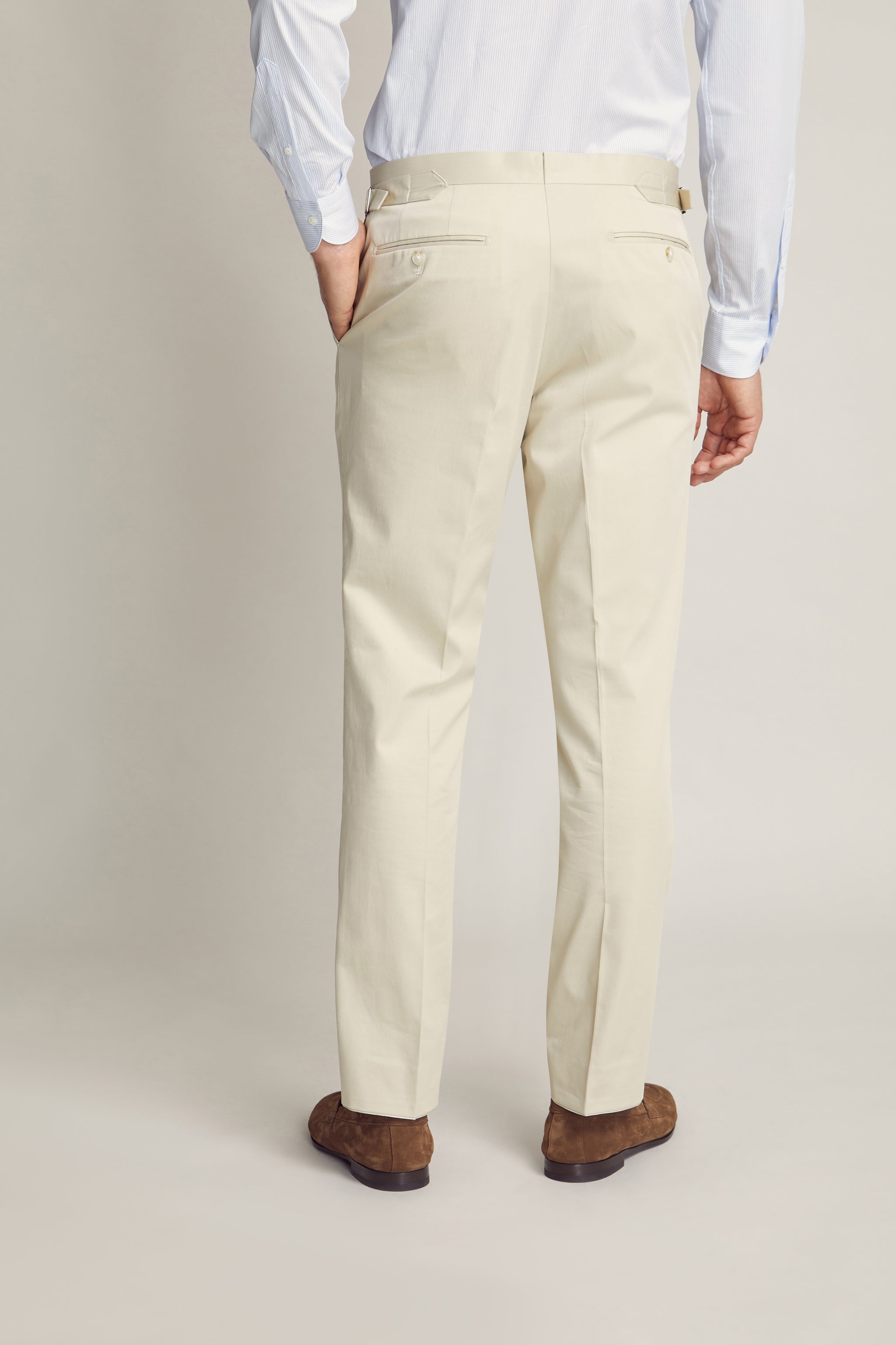 Sand Cotton Dress Trouser custom tailored in Sydney Australia, back view.
