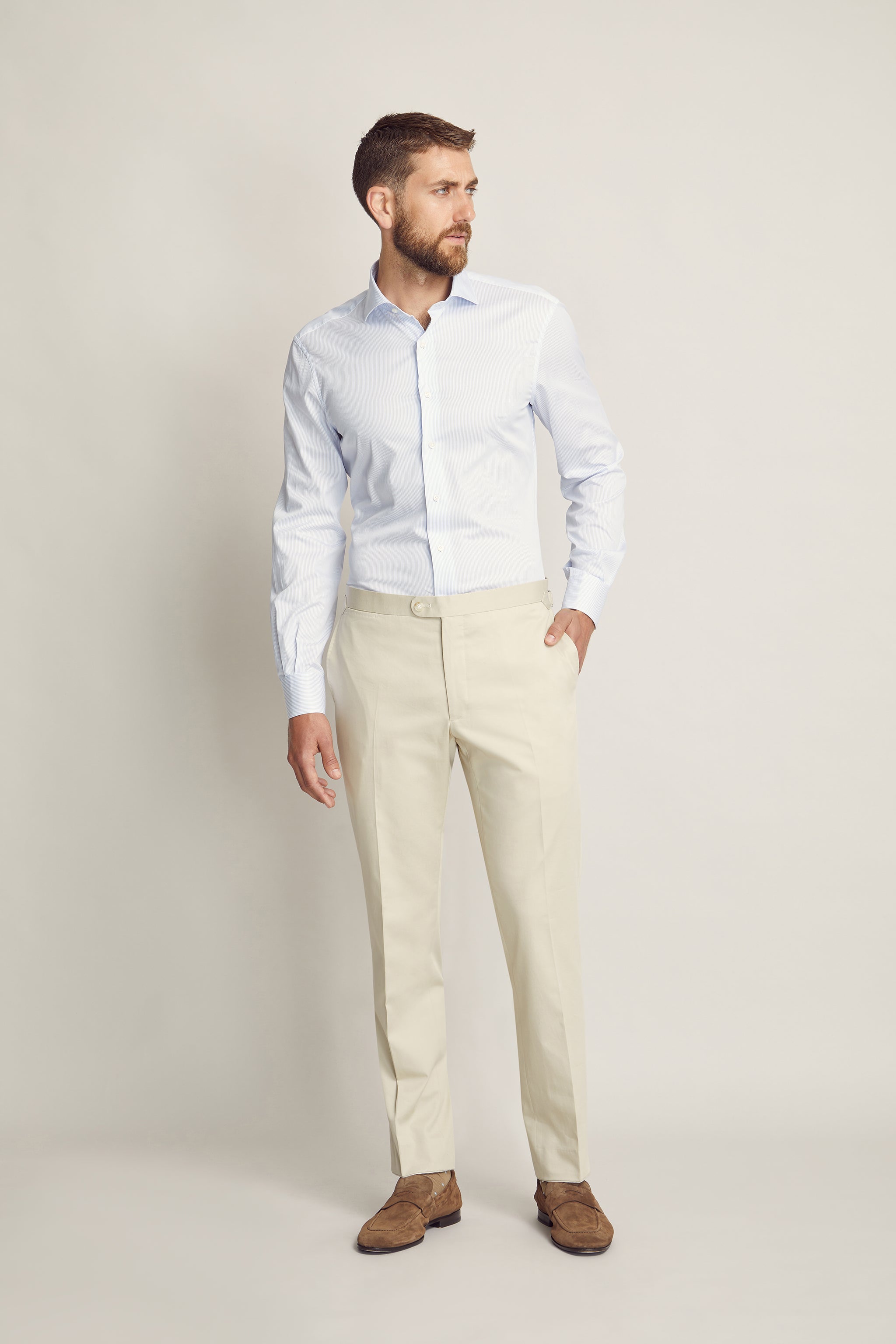 Sand Cotton Dress Trouser custom tailored in Sydney Australia, full front view.
