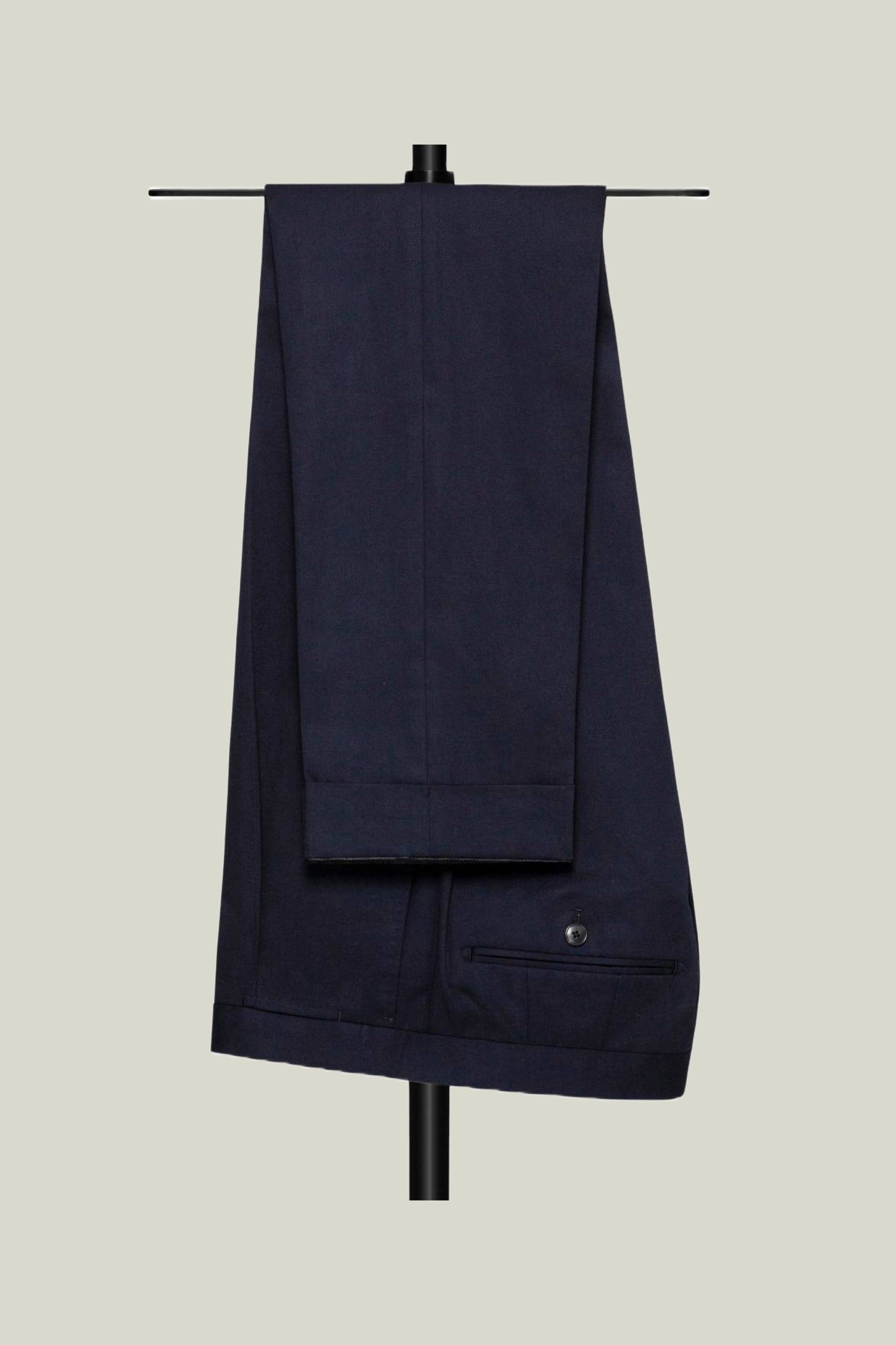 Navy Cotton Suit custom tailored in Sydney Australia, side view.