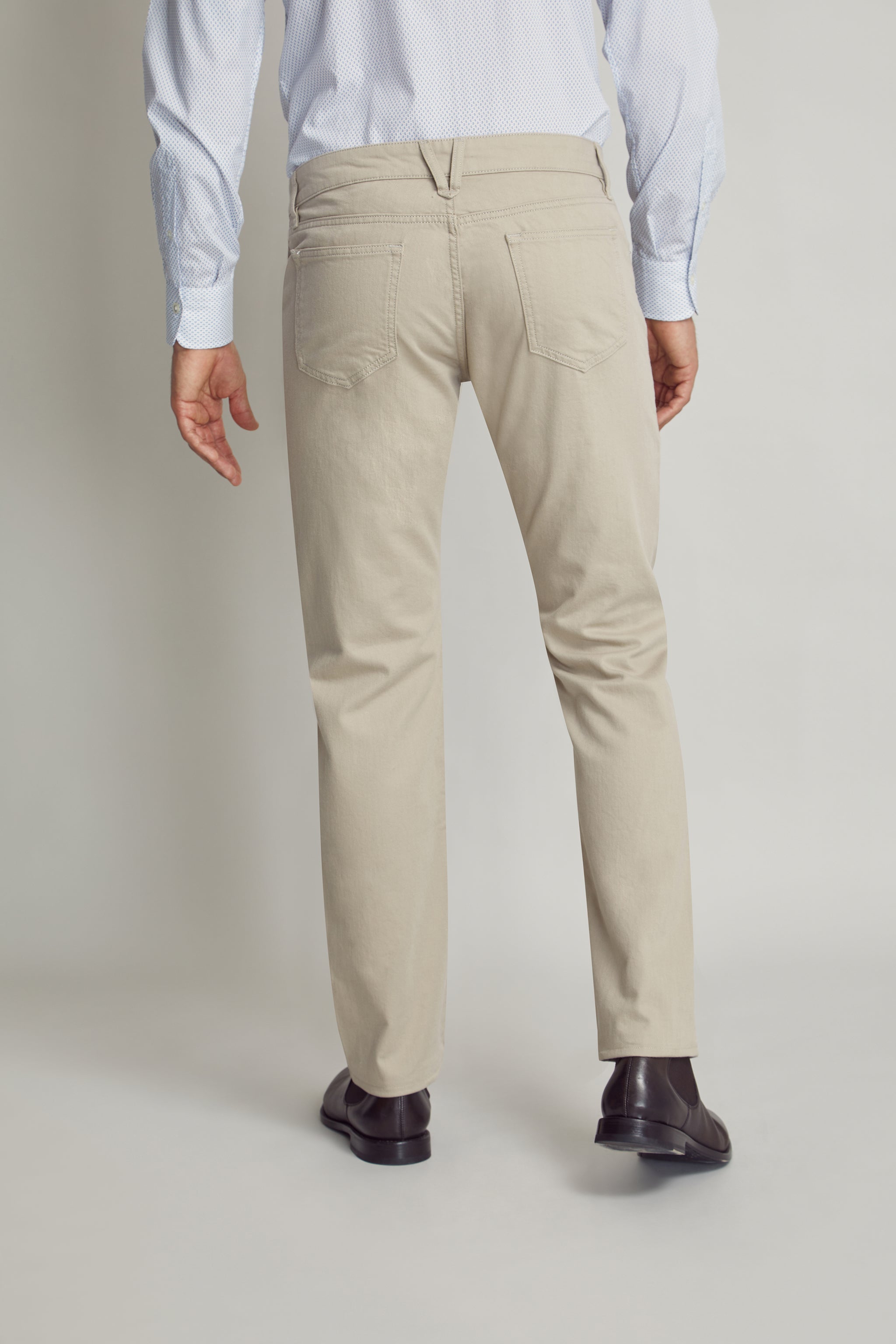 Sand Five Pocket Pants custom tailored in Sydney Australia, back view.