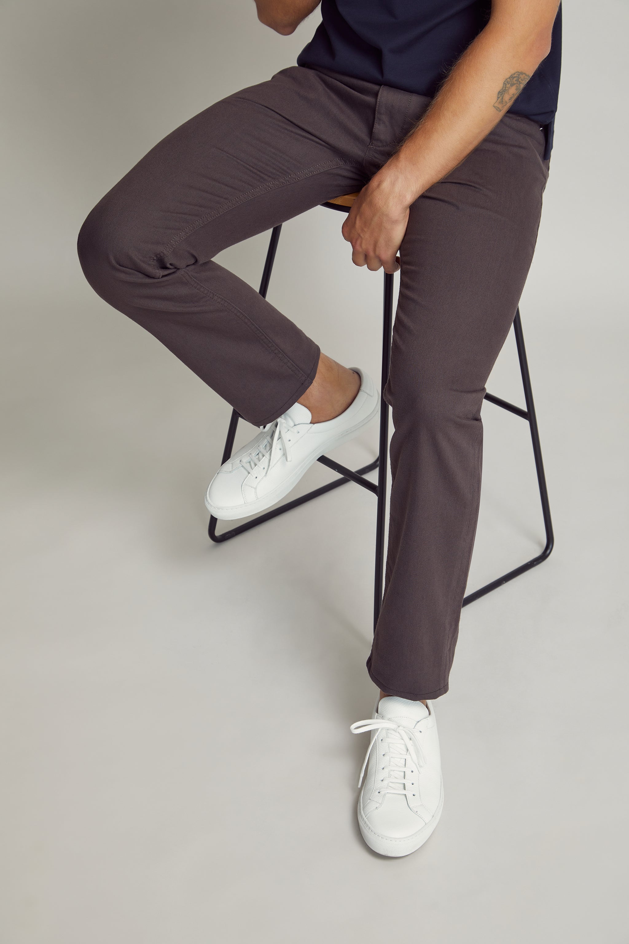 Dark Brown Five Pocket Pants custom tailored in Sydney Australia, sitting view.