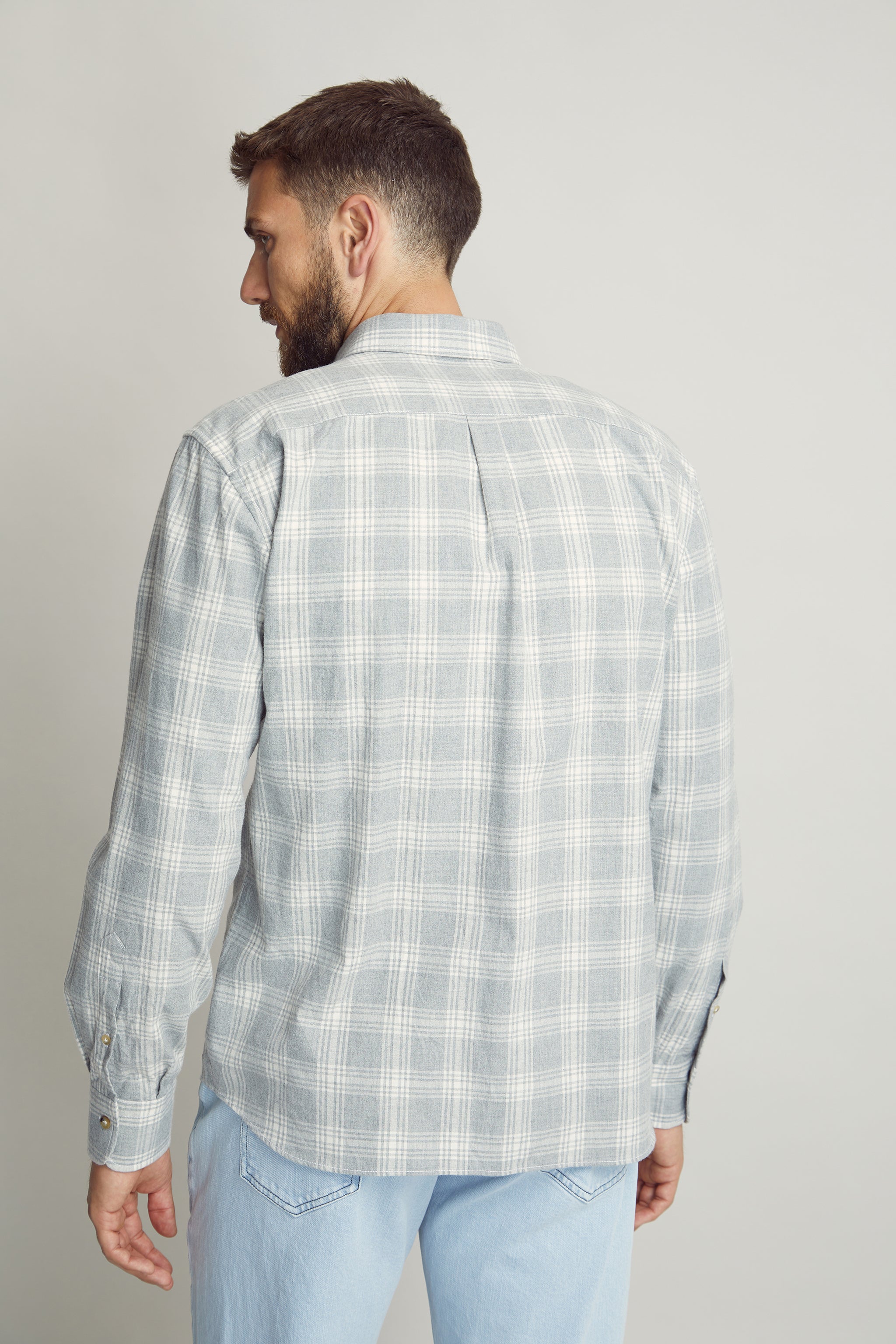 Grey with Off White Check Flannel Overshirt custom tailored in Sydney Australia, back view.