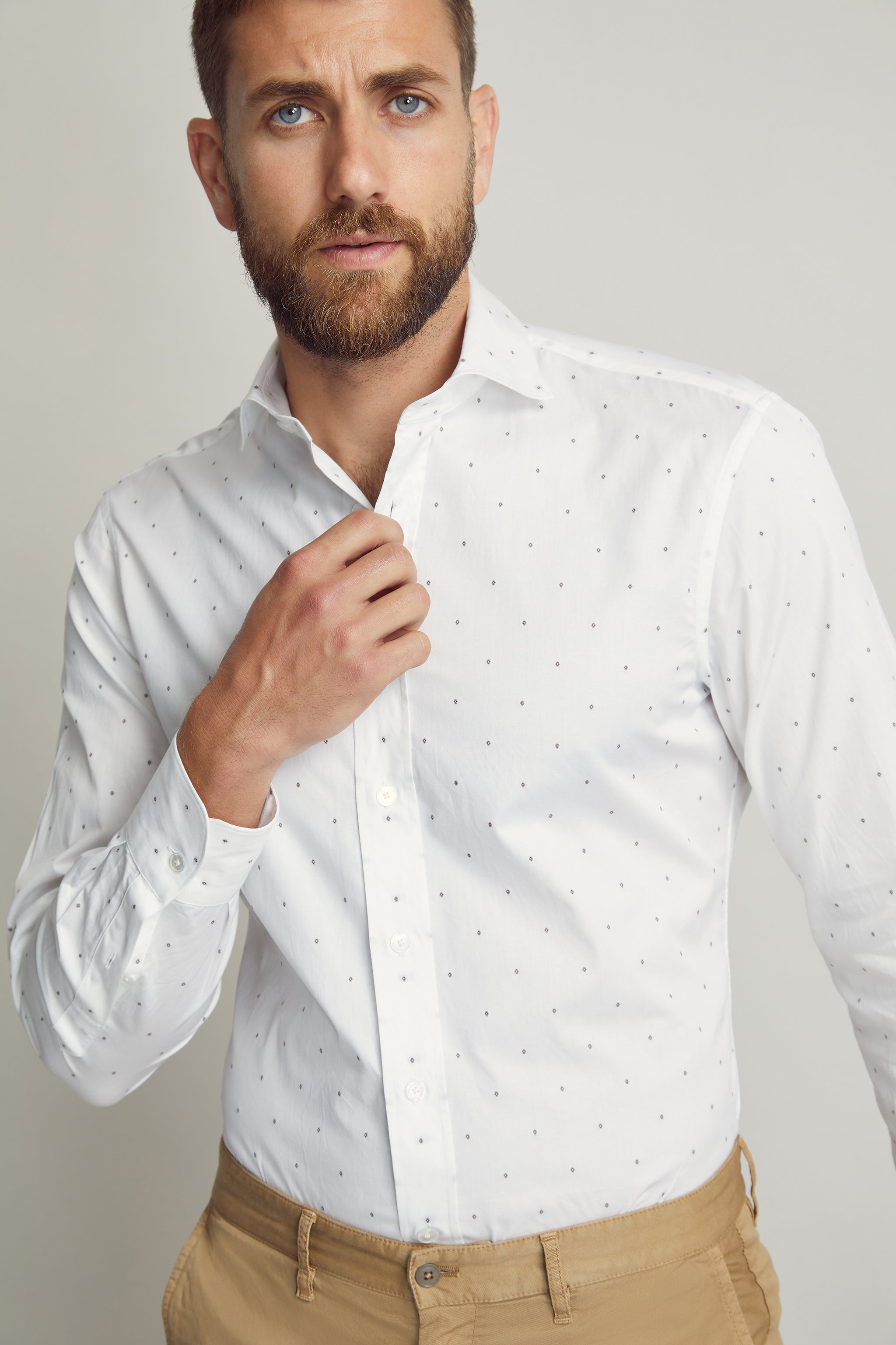 Geometric Embroidered Shirt custom tailored in Sydney Australia, close up view.
