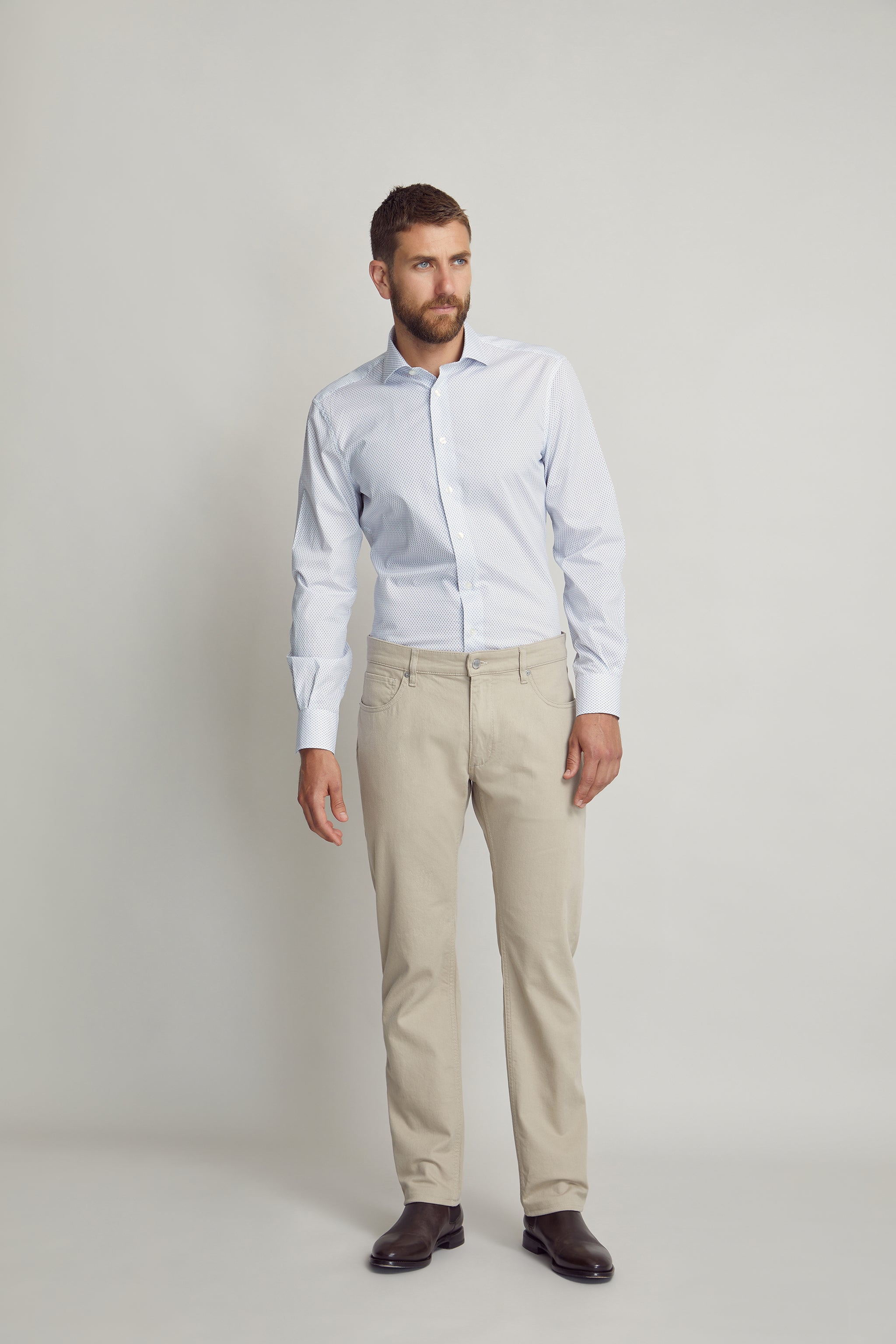 Blue Paisley Geometric Print Shirt custom tailored in Sydney Australia, full view.