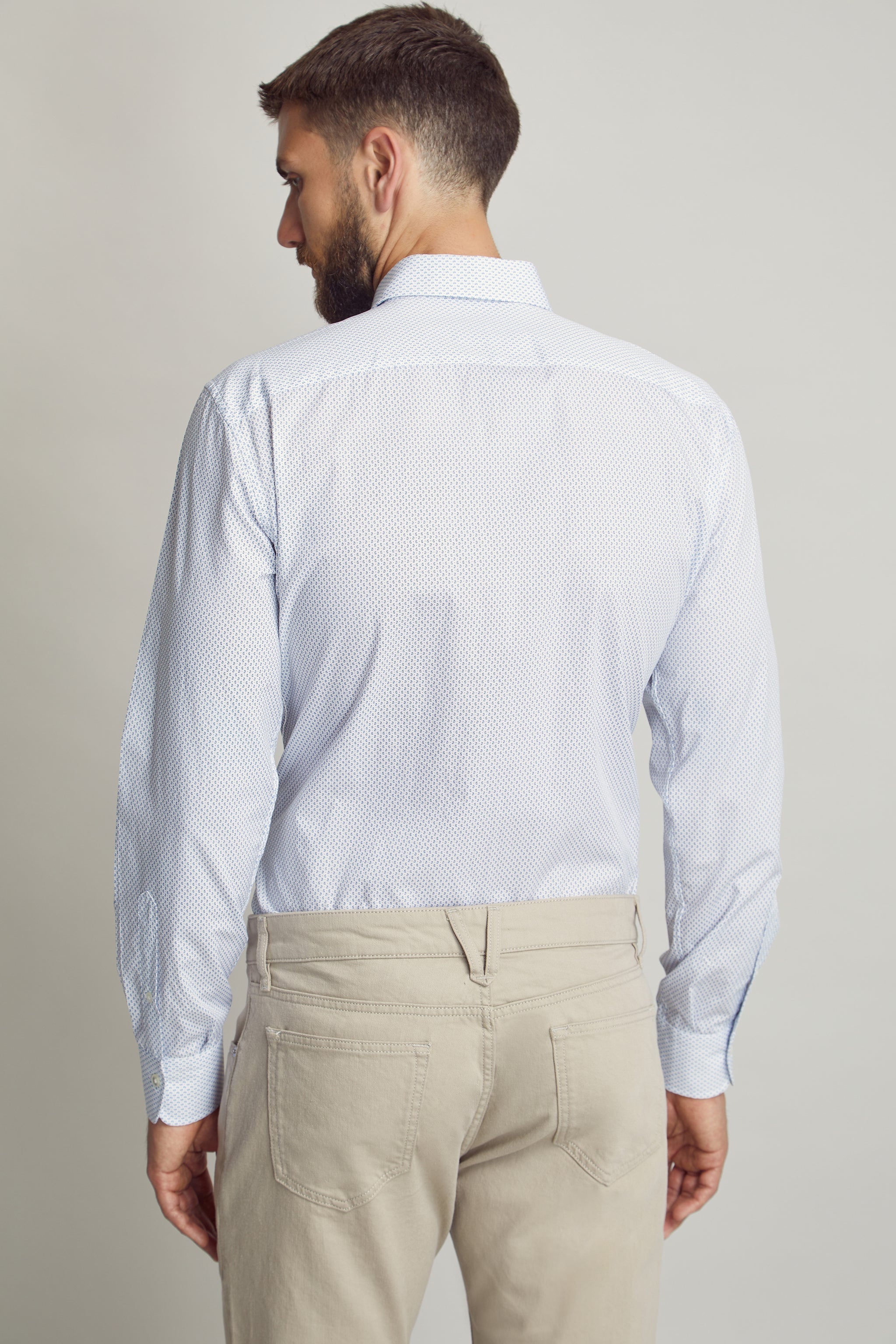 Blue Paisley Geometric Print Shirt custom tailored in Sydney Australia, back view.