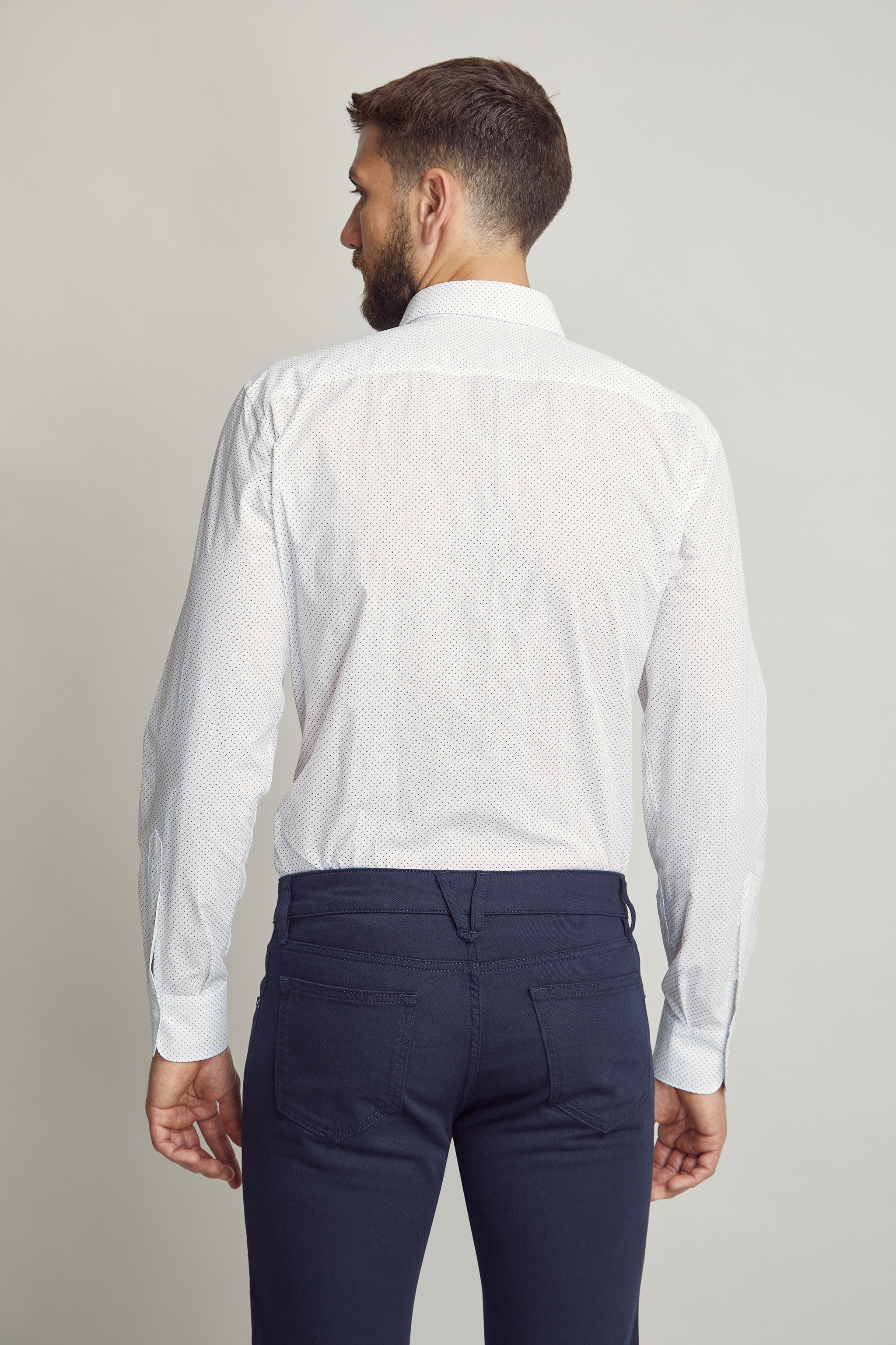 Black Seagull Geometric Print Shirt custom tailored in Sydney Australia, back view.