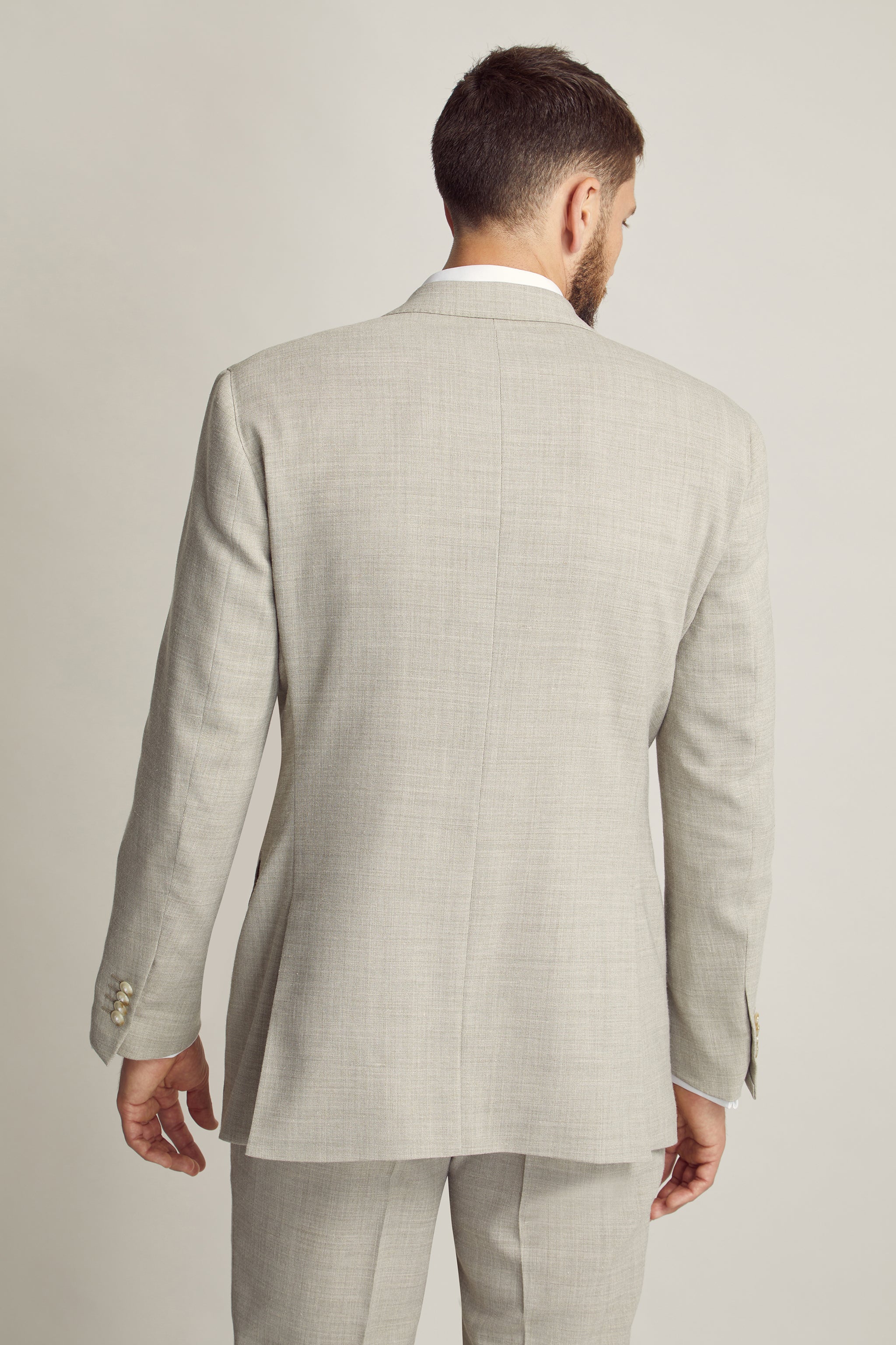 Light Taupe Linen Blend Suit custom tailored in Sydney Australia, back view.