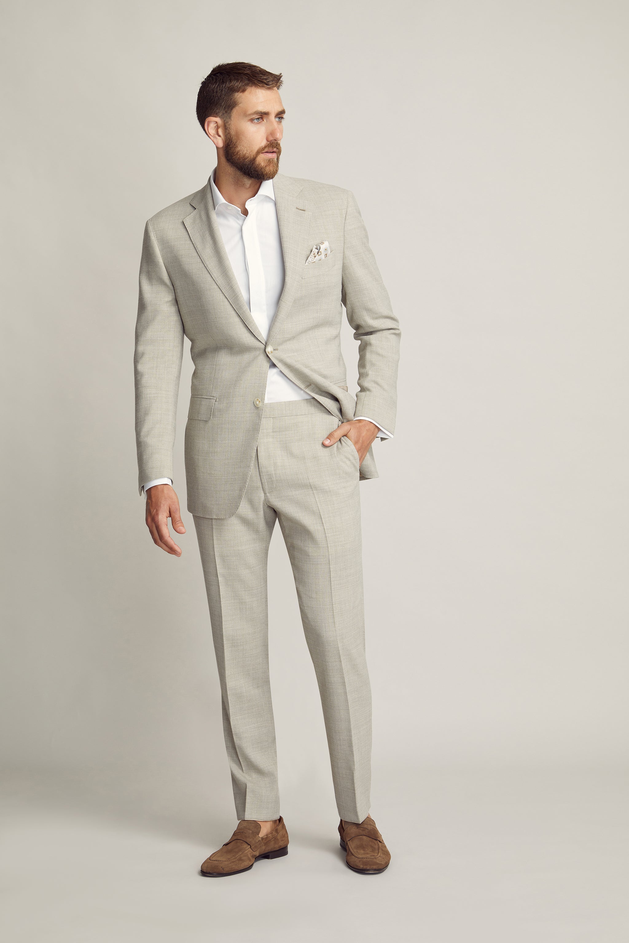 Light Taupe Linen Blend Suit custom tailored in Sydney Australia.