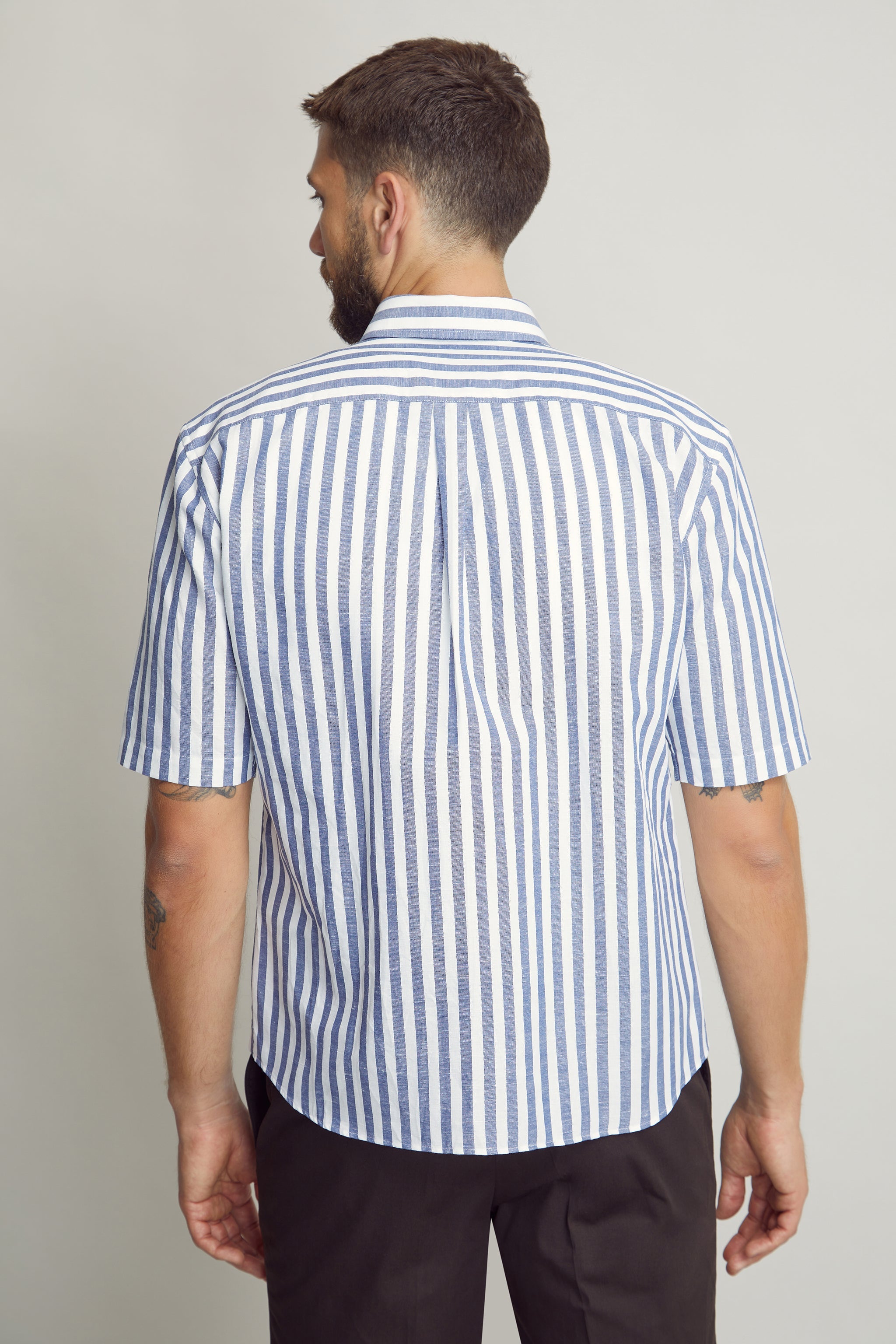 Blue Stripe Cotton Linen Patterned Shirt custom tailored in Sydney Australia, back view.