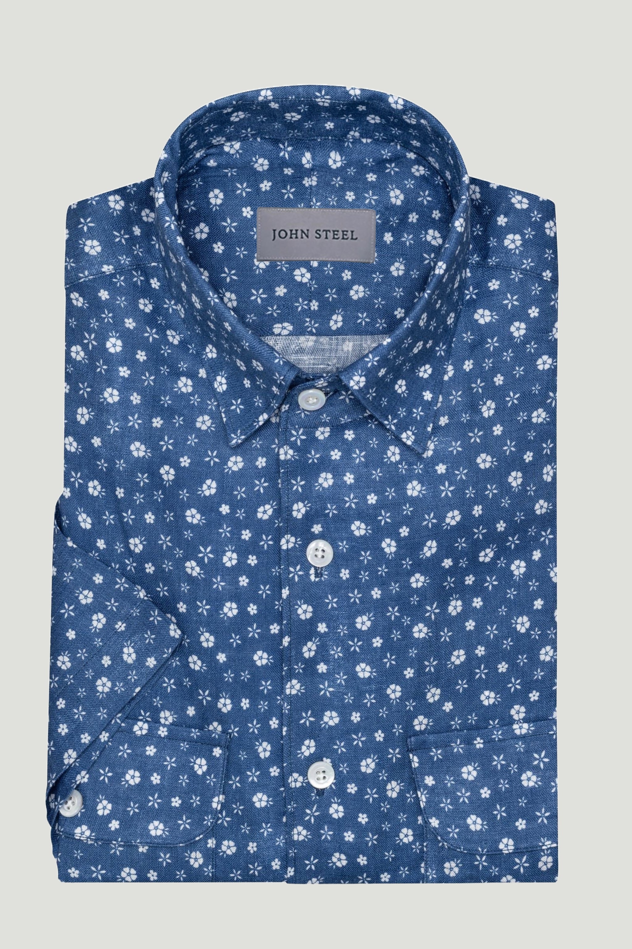 Blue Linen with Hawaiian Flowers Shirt custom tailored in Sydney Australia.