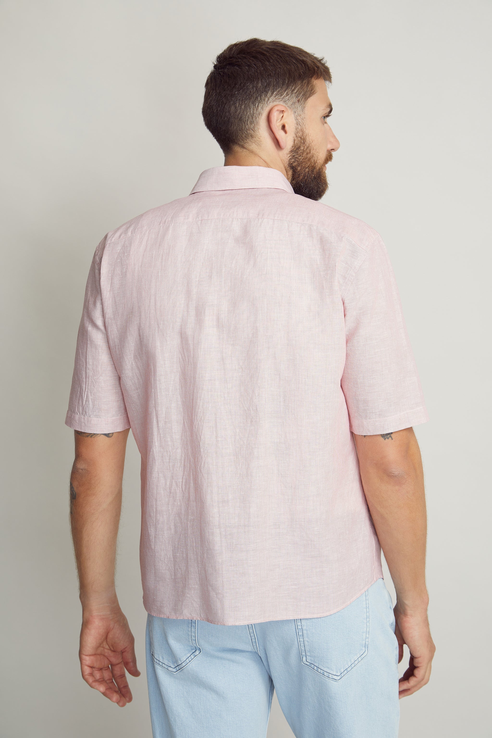 Red Fine Striped Linen Patterned Shirt custom tailored in Sydney Australia, back view.