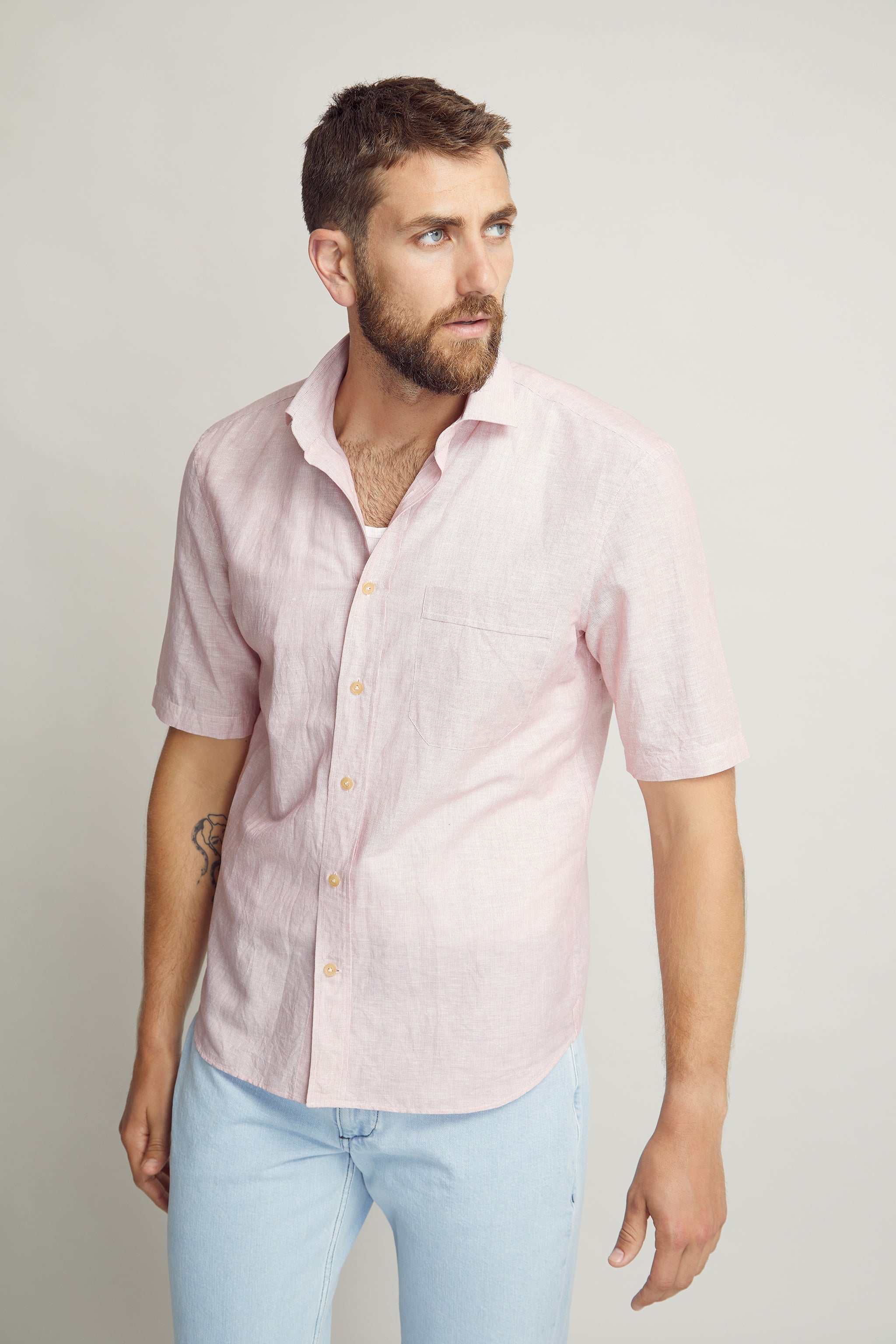 Red Fine Striped Linen Patterned shirt custom tailored in Sydney Australia.