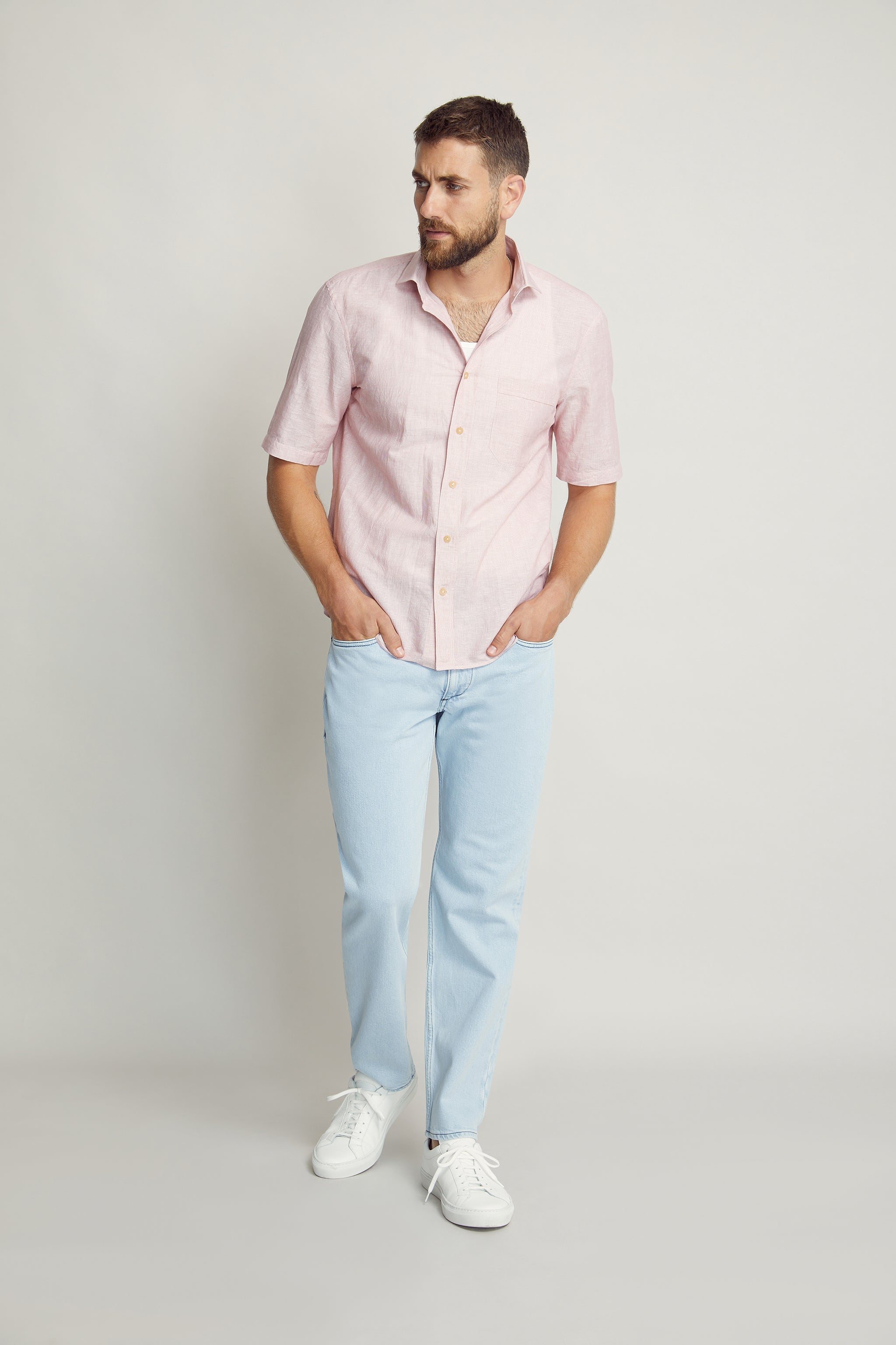 Red Fine Striped Linen Patterned Shirt custom tailored in Sydney Australia, full front view.