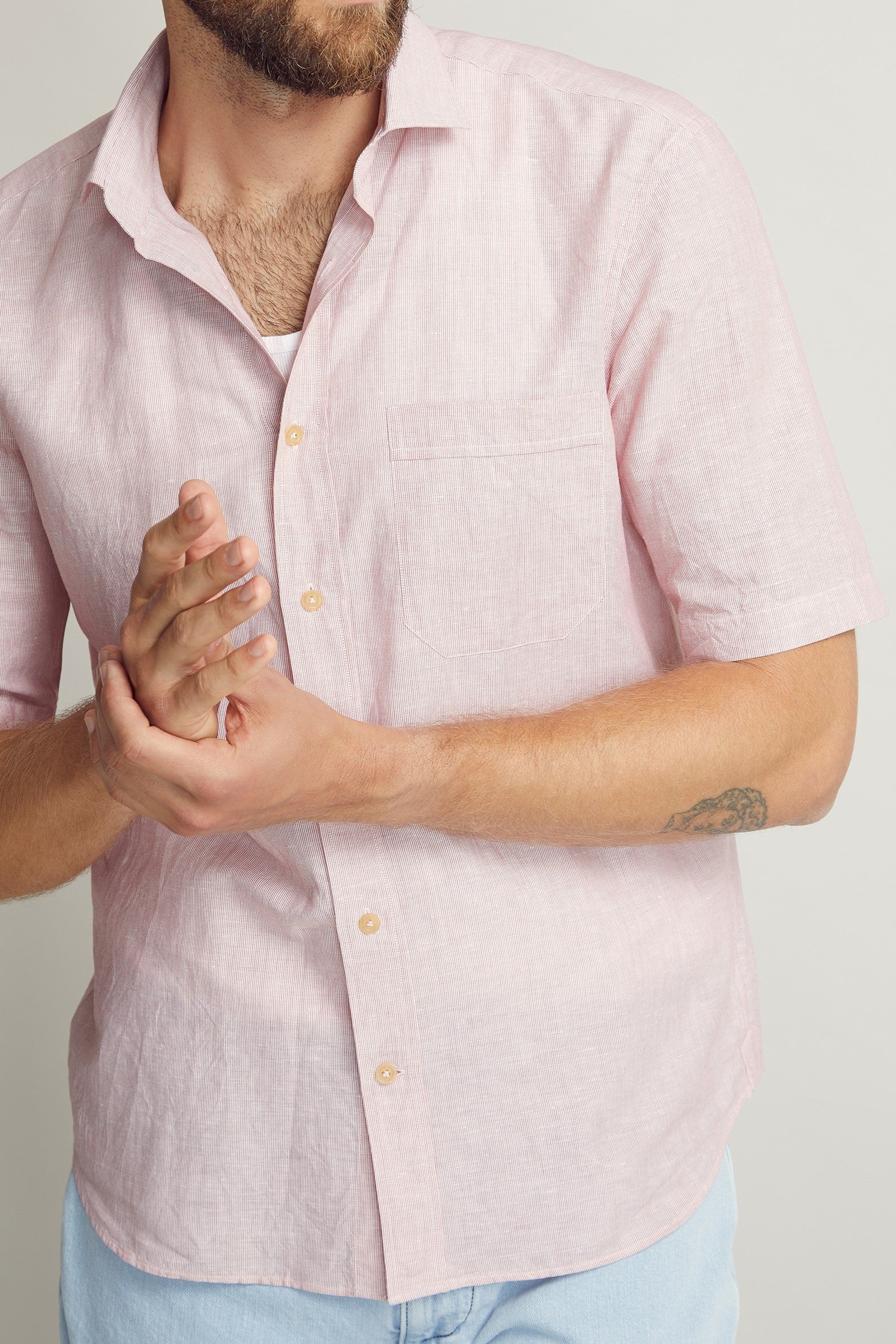 Red Fine Striped Linen Patterned Shirt custom tailored in Sydney Australia, close up view.