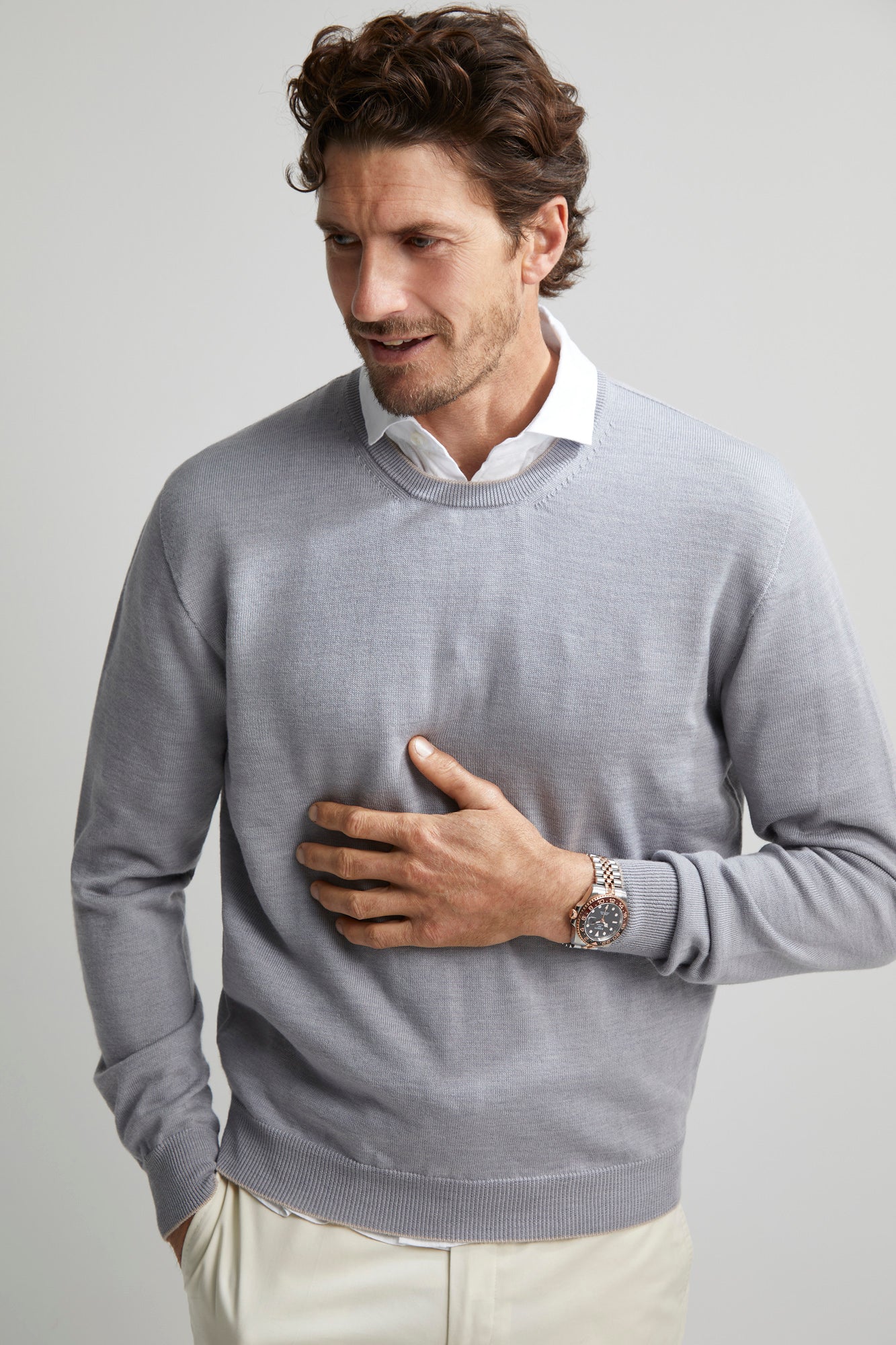 Light Grey Merino Crew Neck Sweater custom tailored in Sydney Australia.