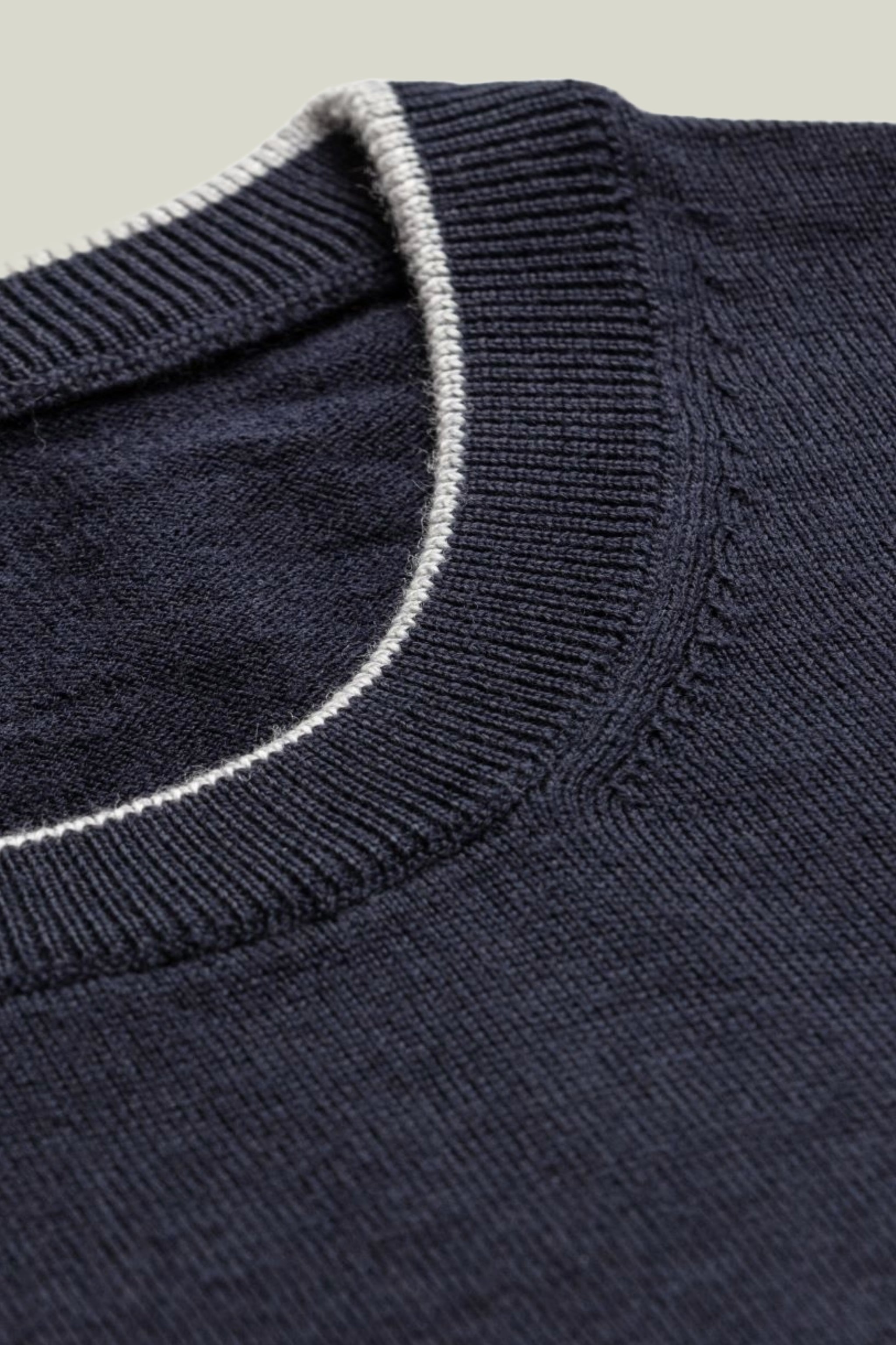 Navy Merino Crew Neck Sweater with contrast edge, custom tailored in Sydney Australia.