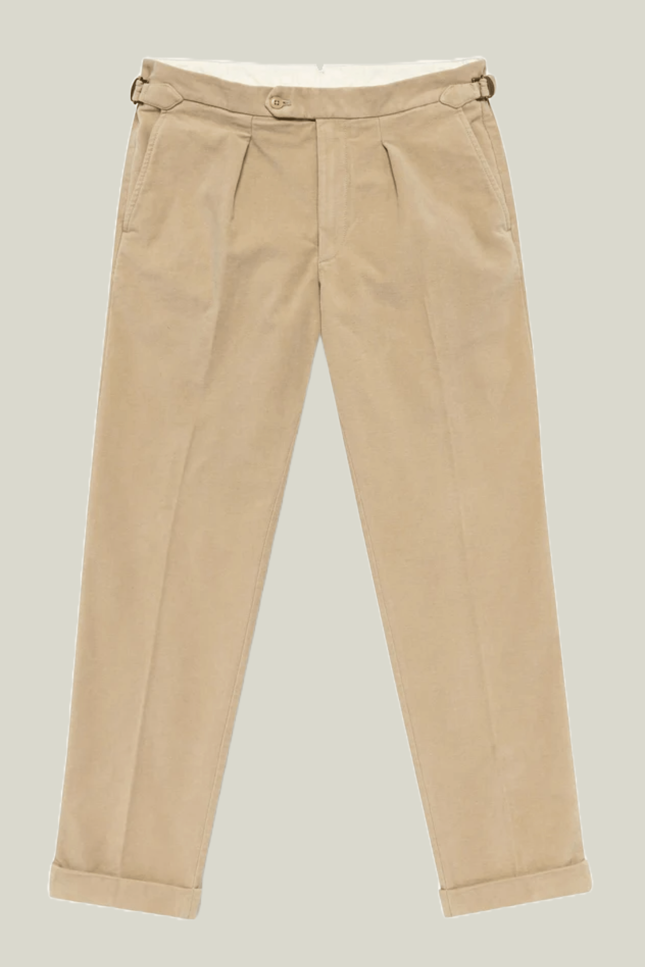 Sand Moleskin Chinos with pleats custom tailored in Sydney Australia.