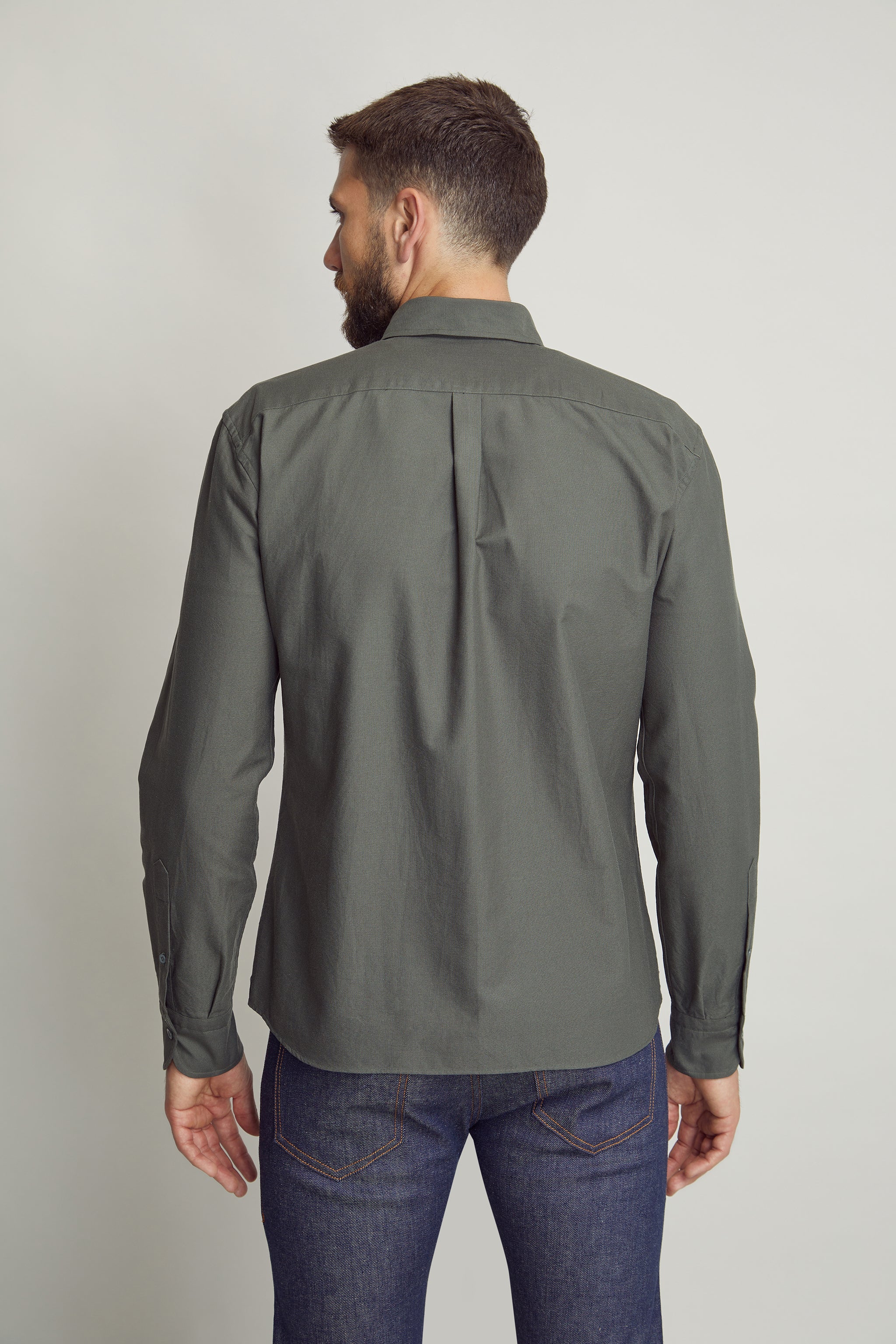 Oxford Button Down Shirt custom tailored in Sydney Australia, back view.