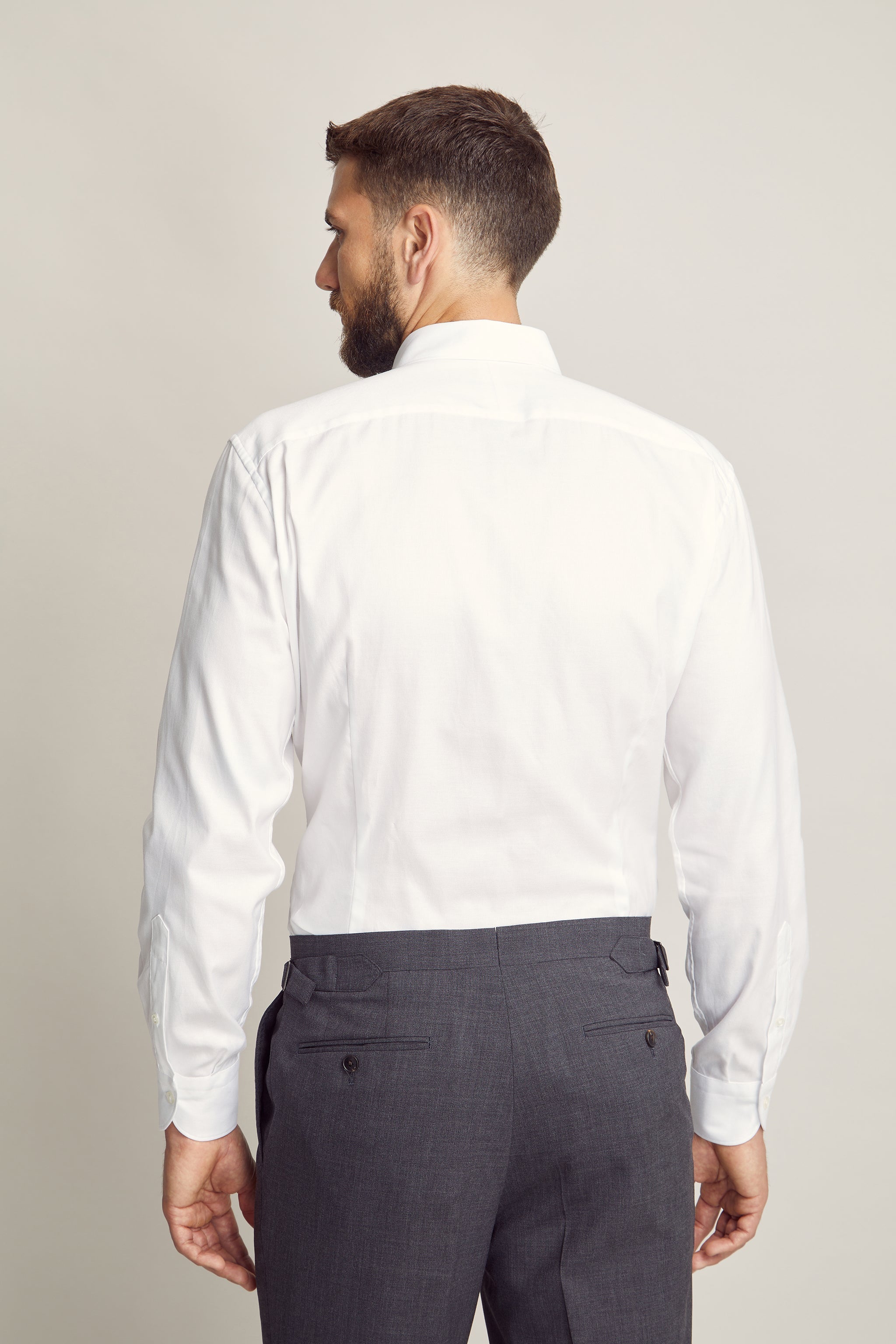White Oxford Dress Shirt custom tailored in Sydney Australia, back view.