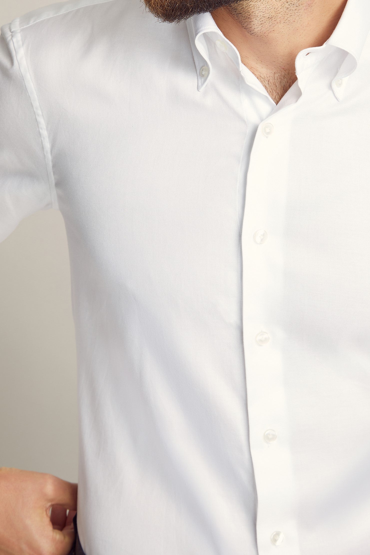 White Oxford Dress Shirt custom tailored in Sydney Australia, close up view.