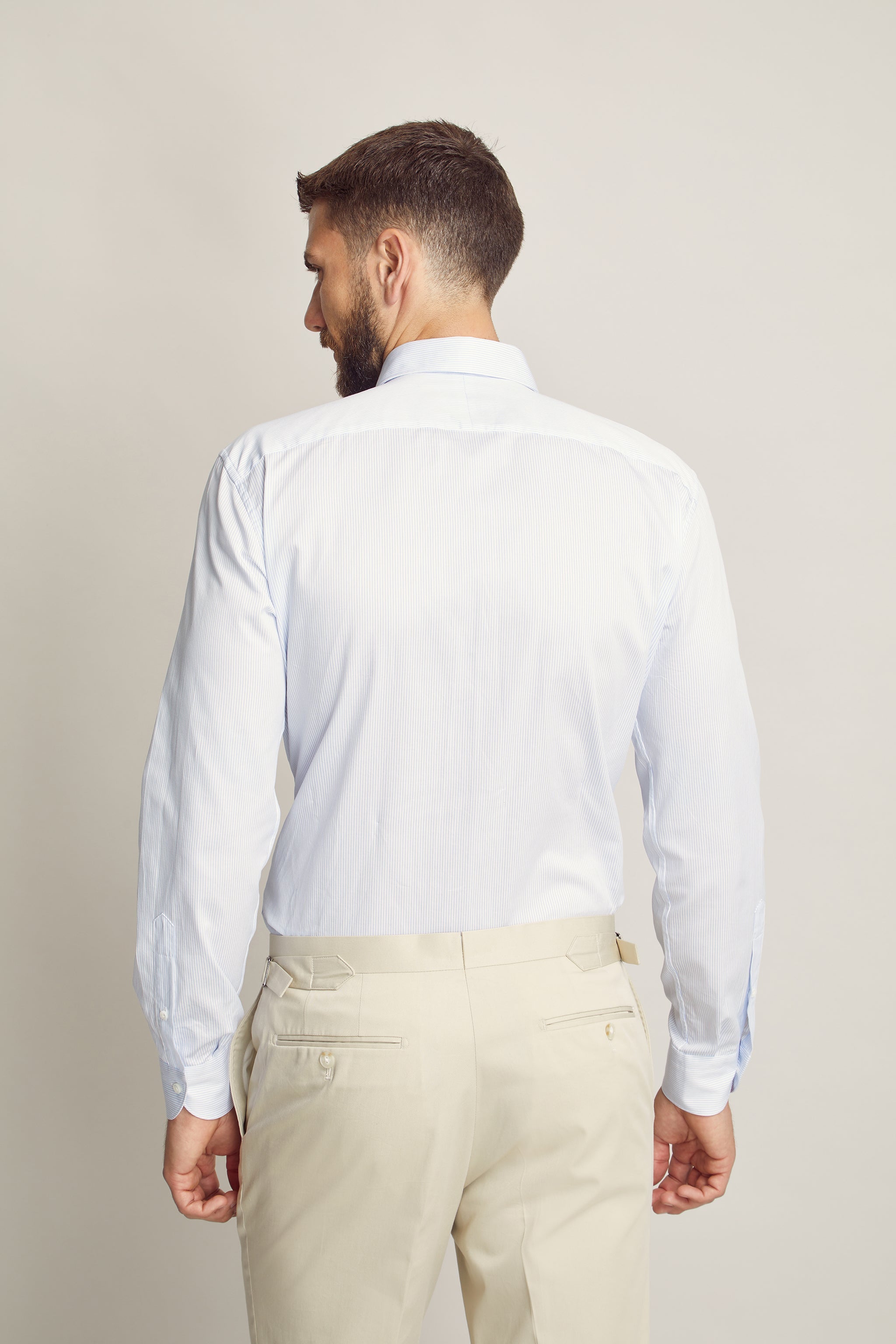 White with Blue Stripe Dress Shirt custom tailored in Sydney Australia, back view.