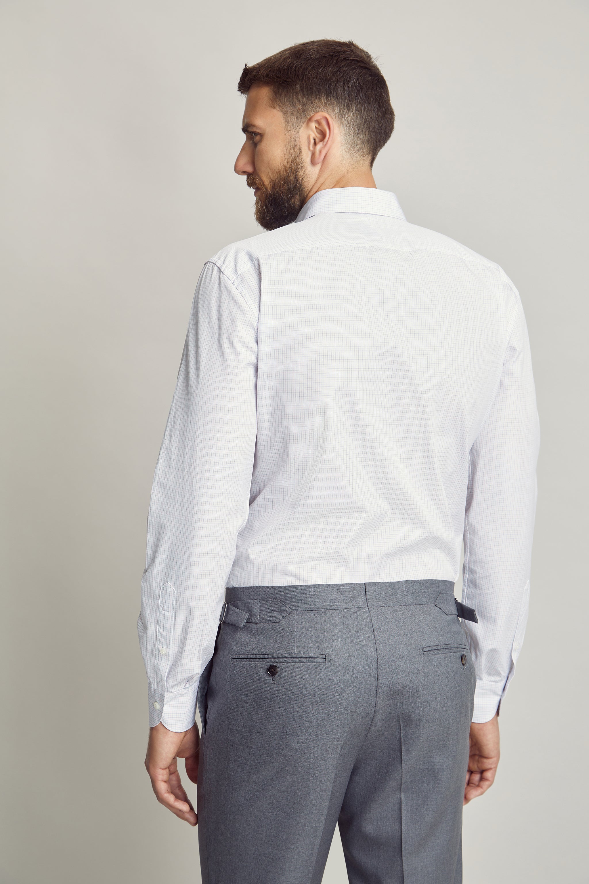 White with Pink Stripe Business Shirt custom tailored in Sydney Australia, back view.