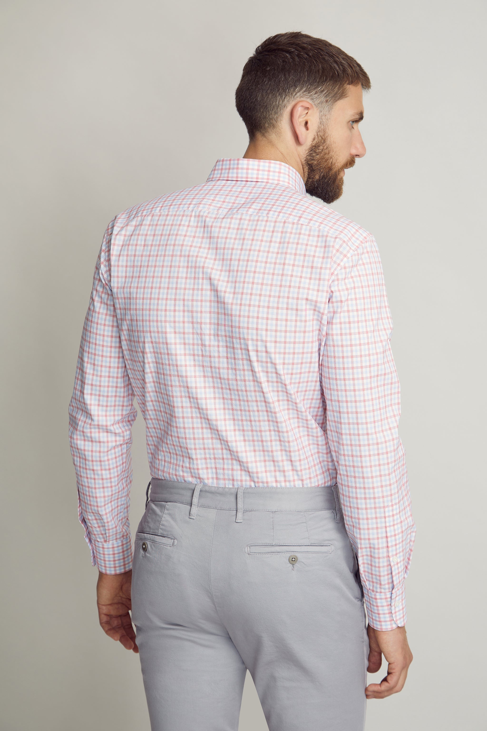 Red Check Button Up Shirt custom tailored in Sydney Australia, back view.