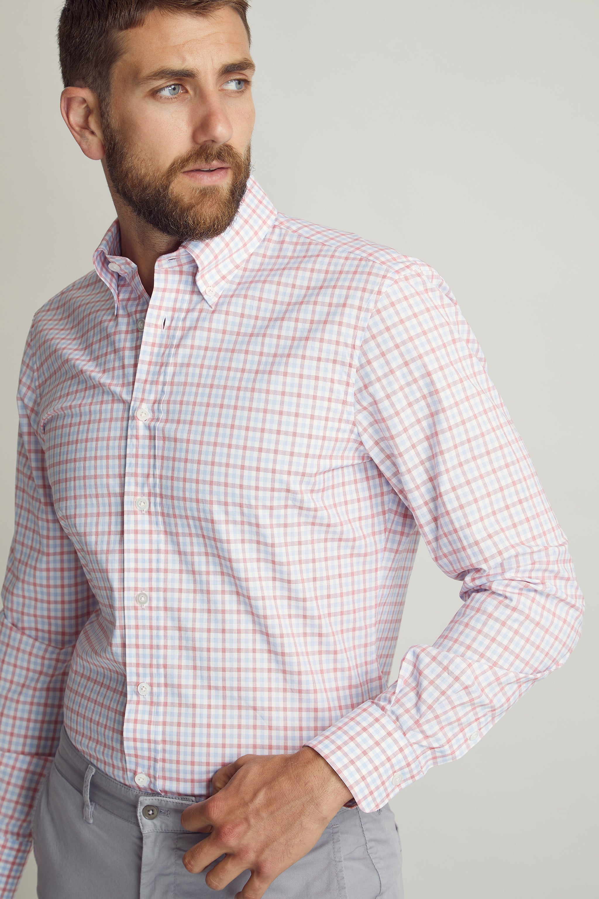 Red Check Button Down Shirt custom tailored in Sydney Australia.