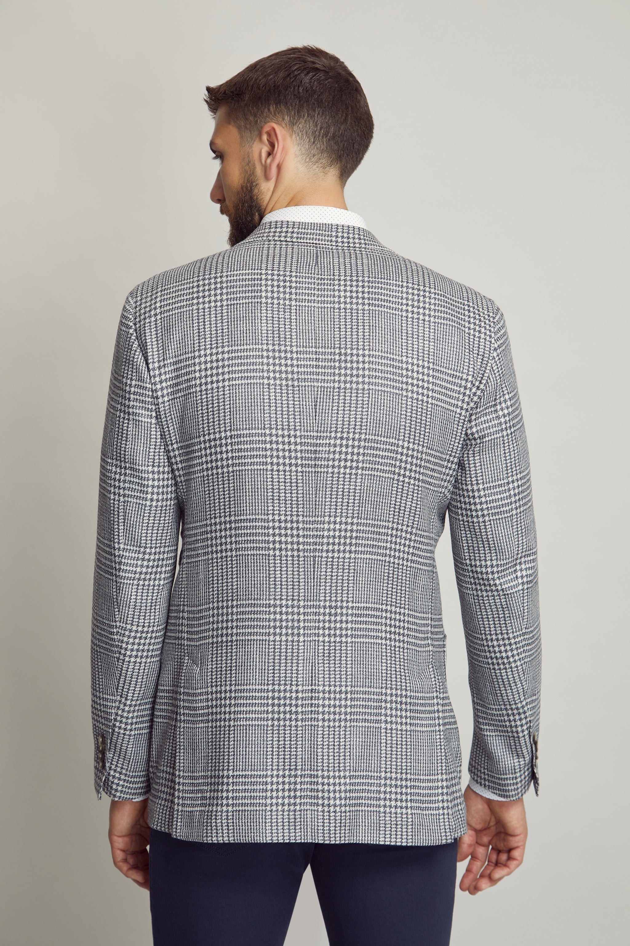 Grey Check Wool Silk Sportscoat custom tailored in Sydney Australia, back view.