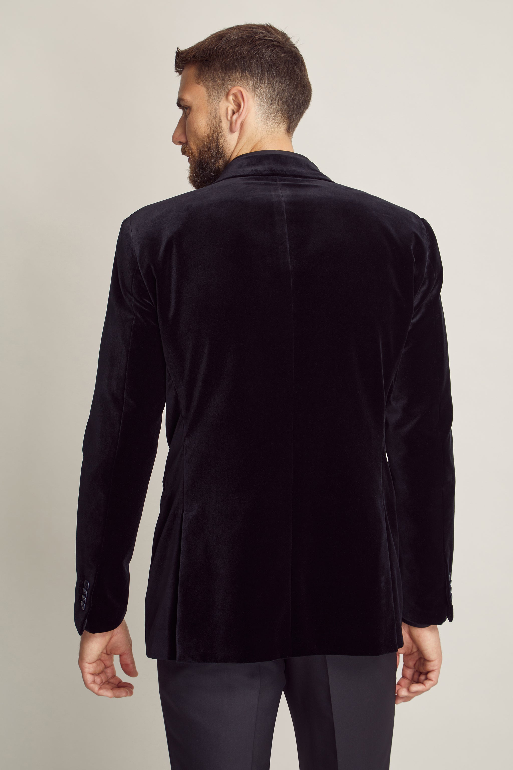 Black Velvet Cotton Jacket custom tailored in Sydney Australia, back view.