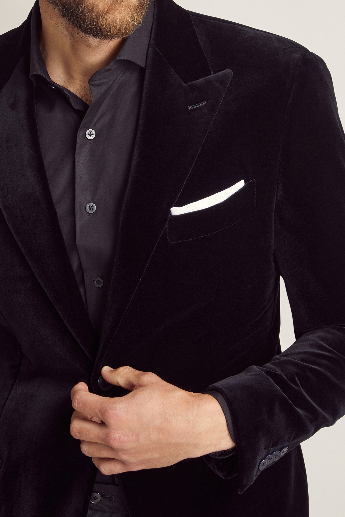 Black Velvet Cotton Jacket custom tailored in Sydney Australia, close up view.