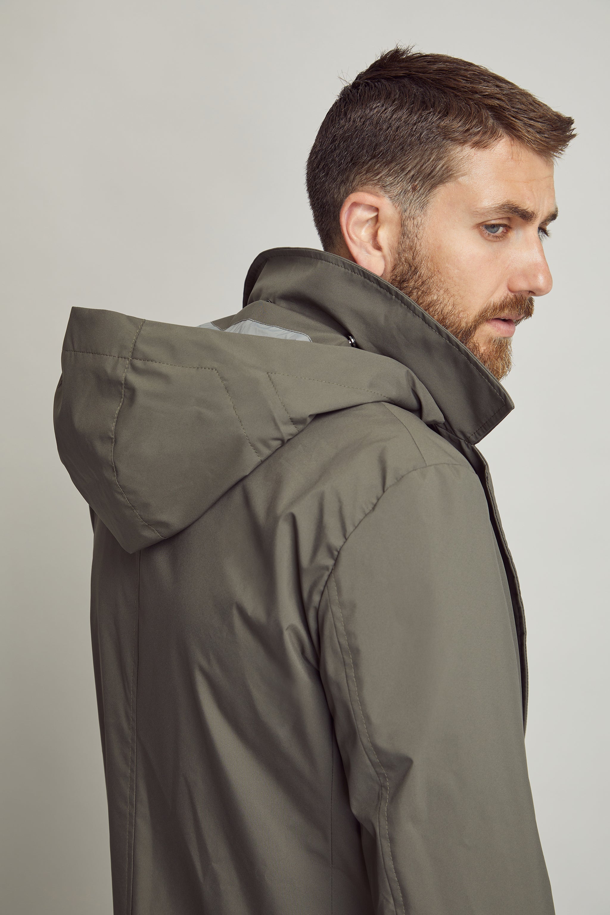 Green Windbreaker Coat with detachable hood custom tailored in Sydney Australia.