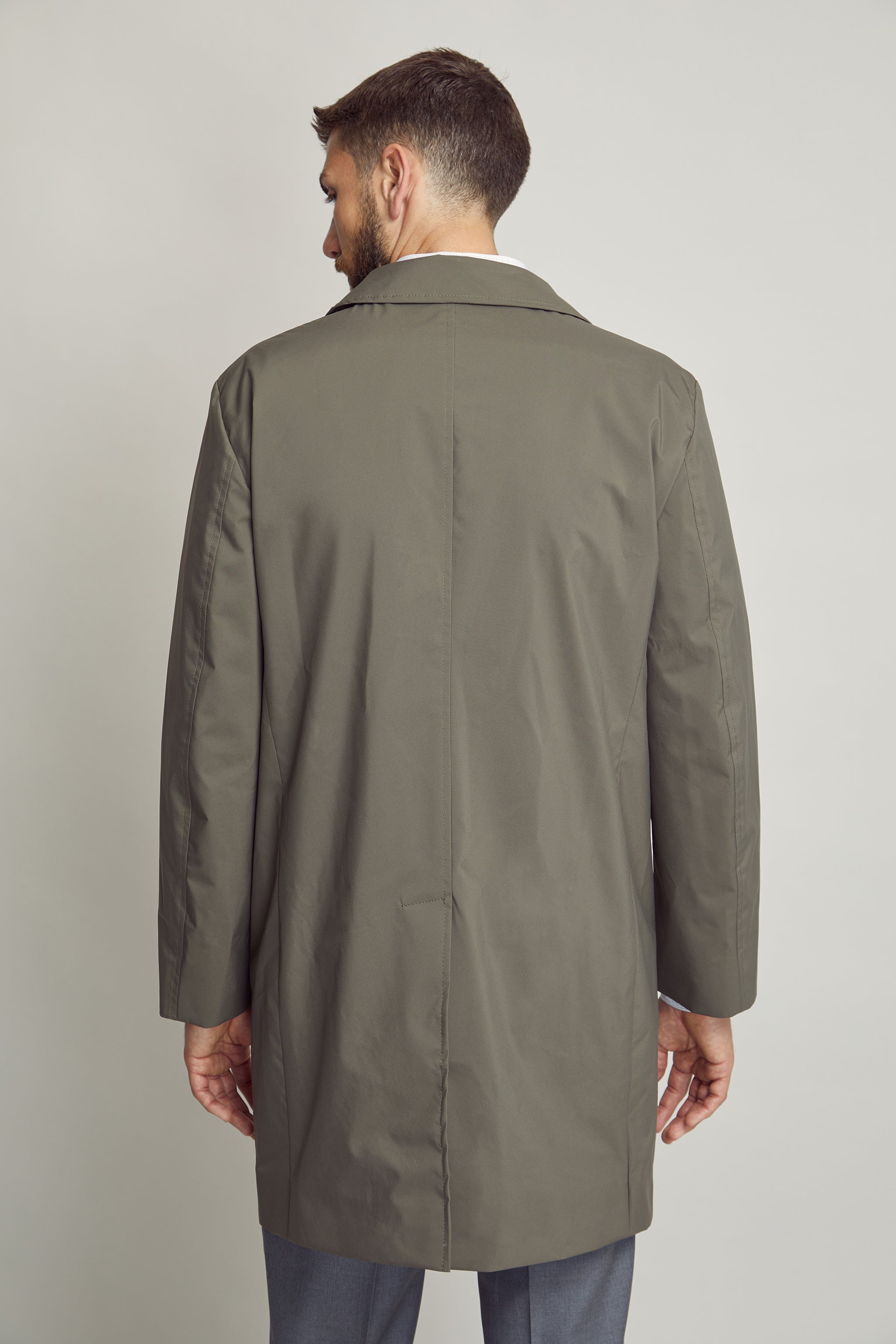 Green Windbreaker Coat custom tailored in Sydney Australia, back view.