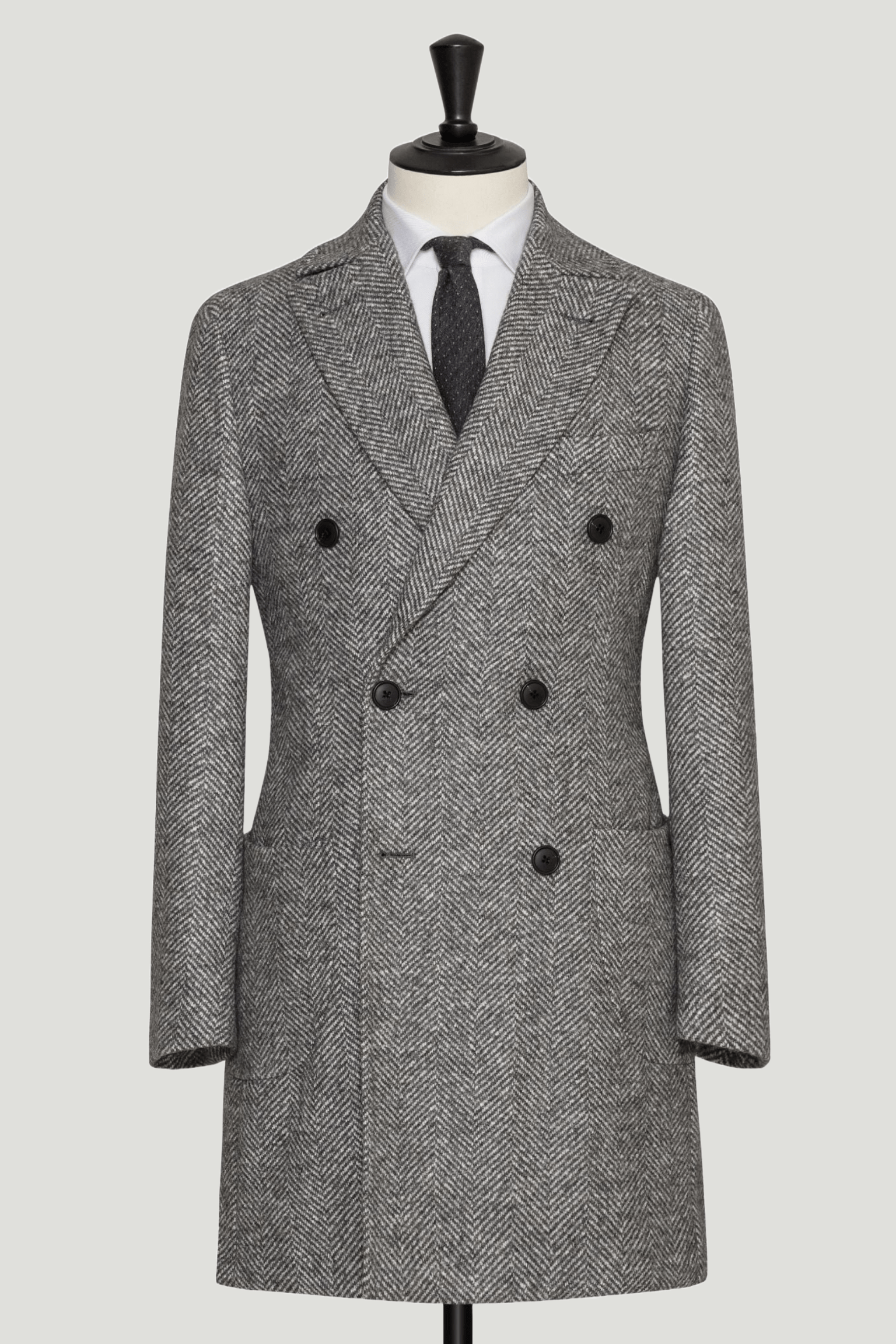 Grey Wool and Alpaca Herringbone Overcoat custom tailored in Sydney Australia.