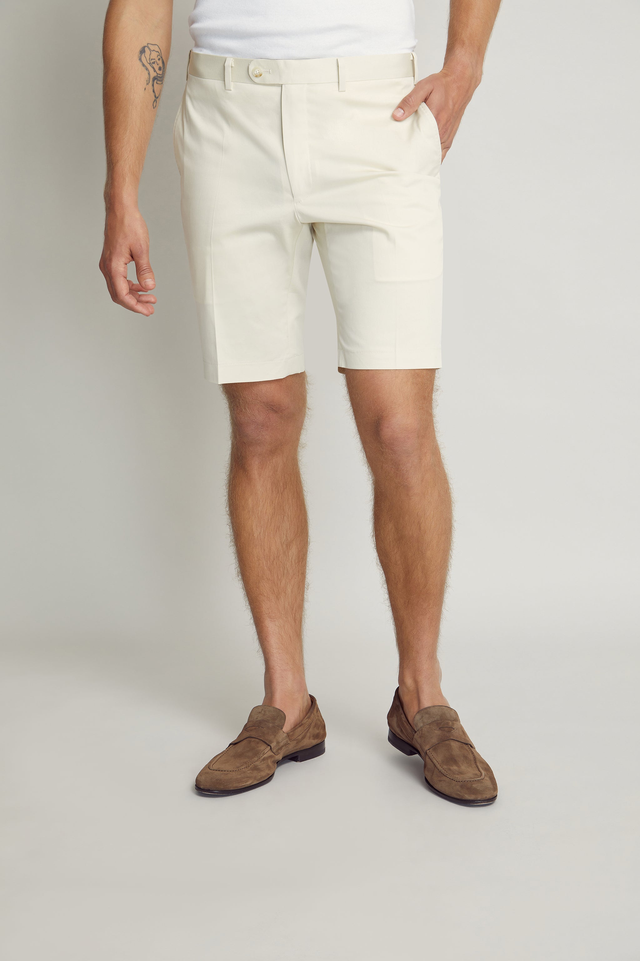 Cream Bermuda Shorts custom tailored in Sydney Australia, front view.