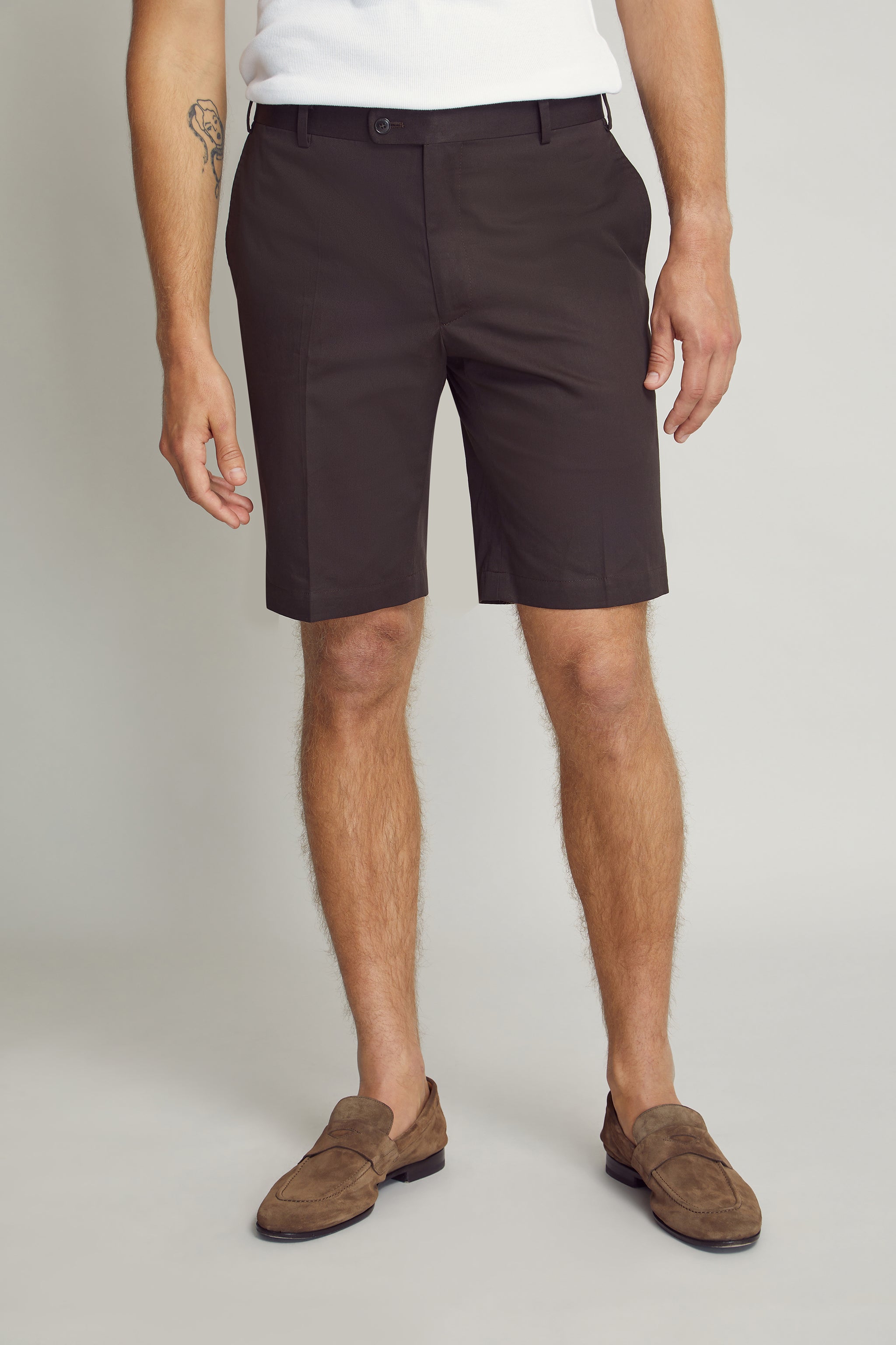 Brown Bermuda Shorts custom tailored in Sydney Australia, front view.