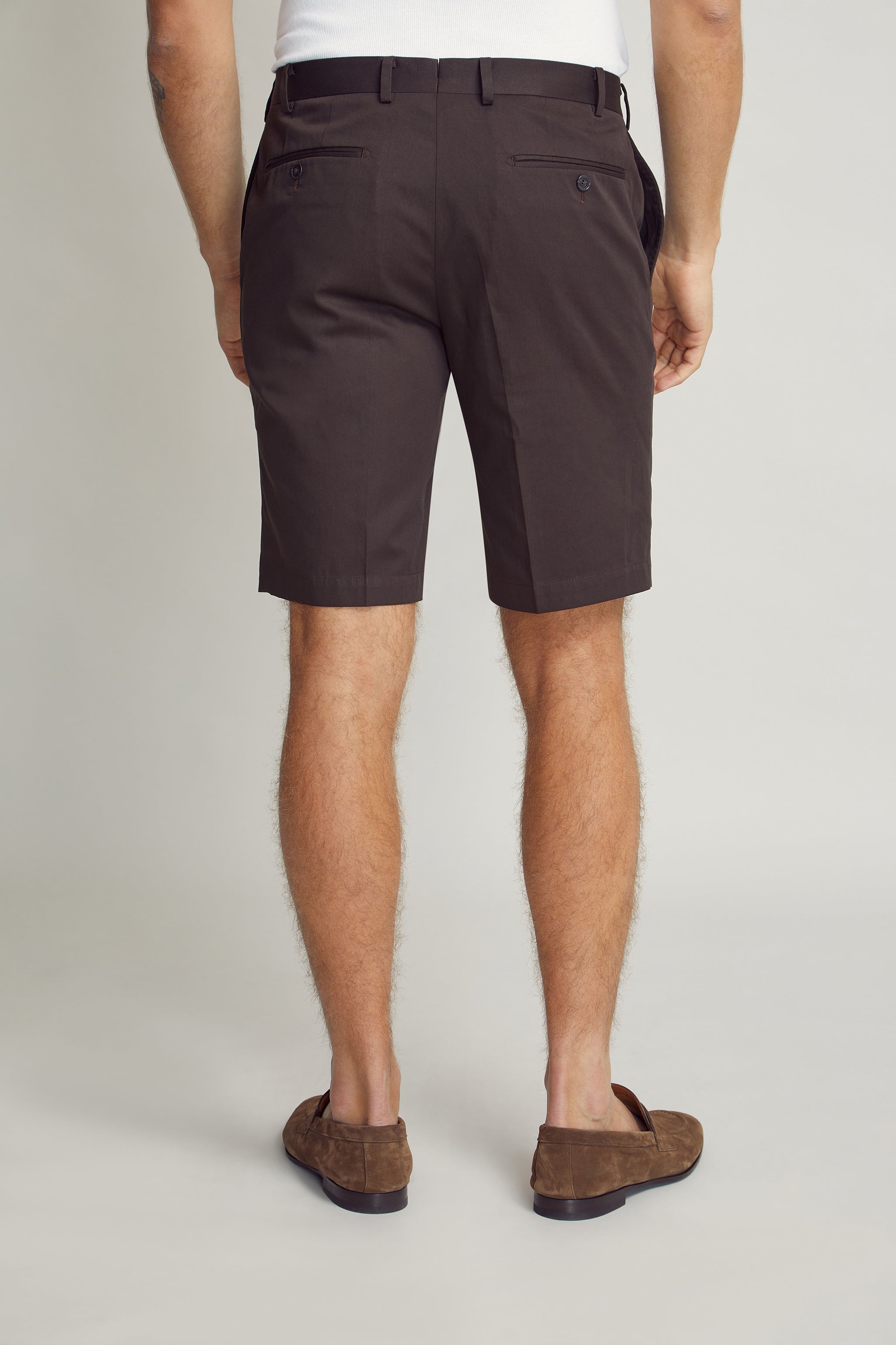 Brown Bermuda Shorts custom tailored in Sydney Australia, back view.