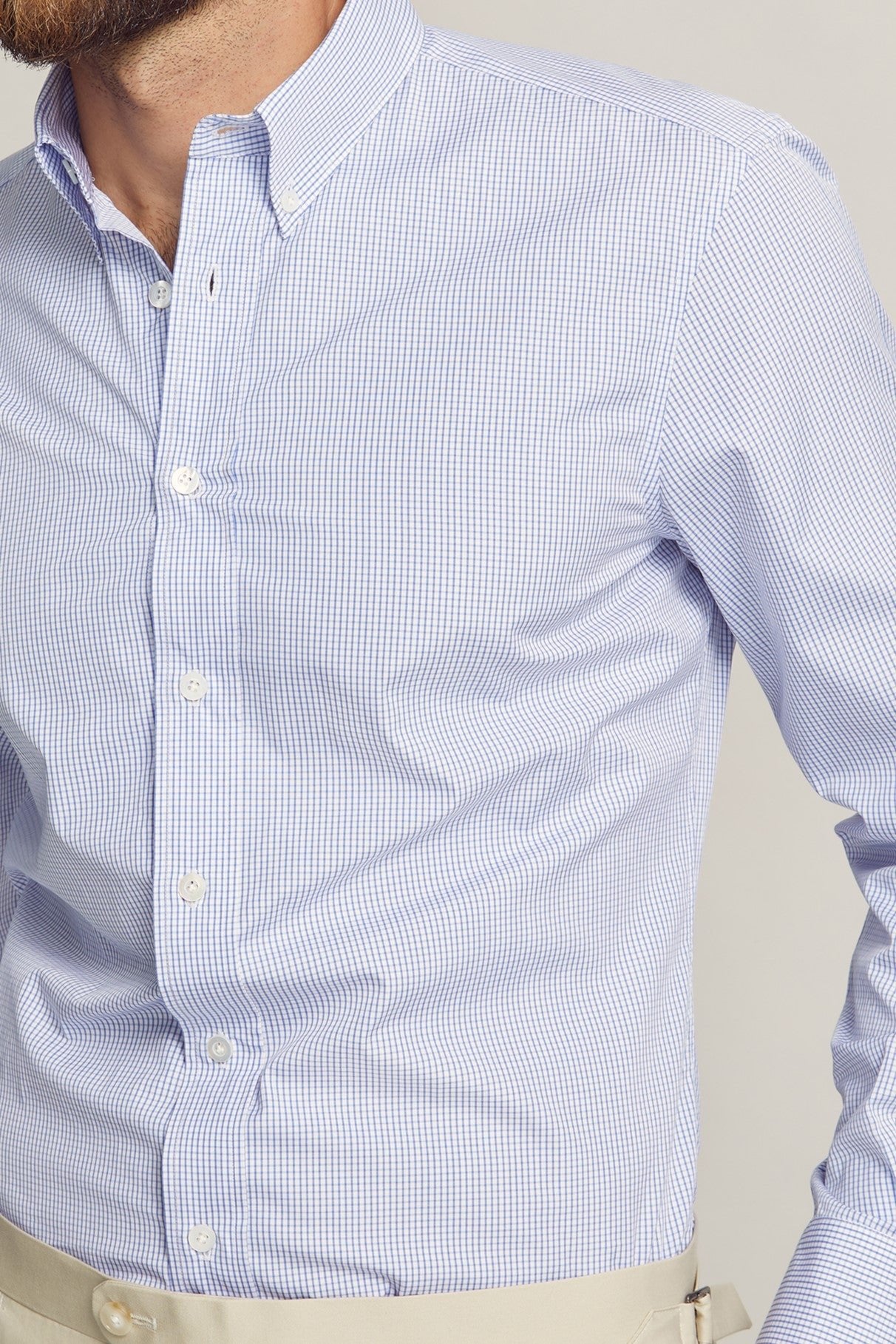 Blue Check Button Down Shirt custom tailored in Sydney Australia, close up view.