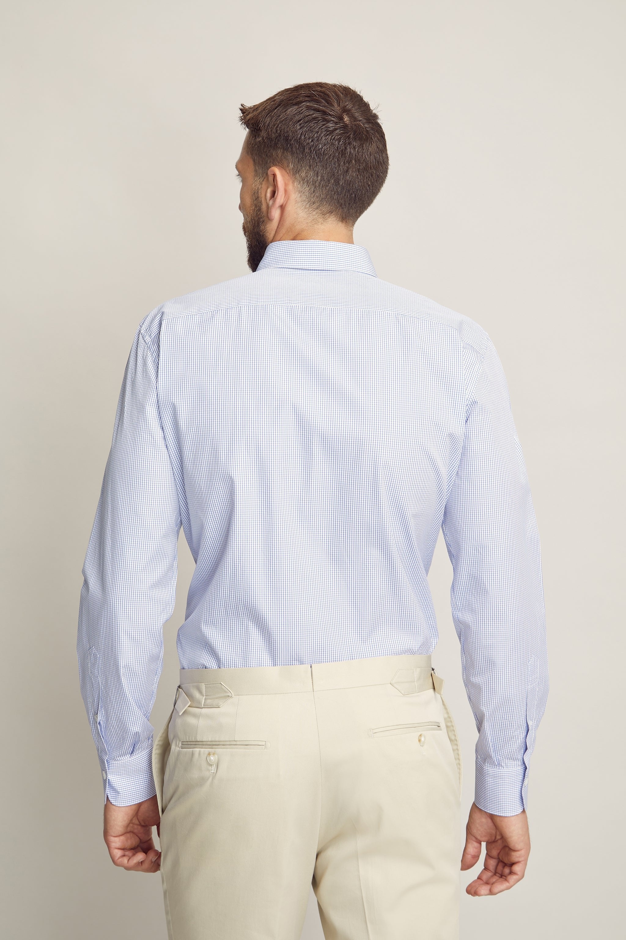 Blue Check Button Down Shirt custom tailored in Sydney Australia, back view.