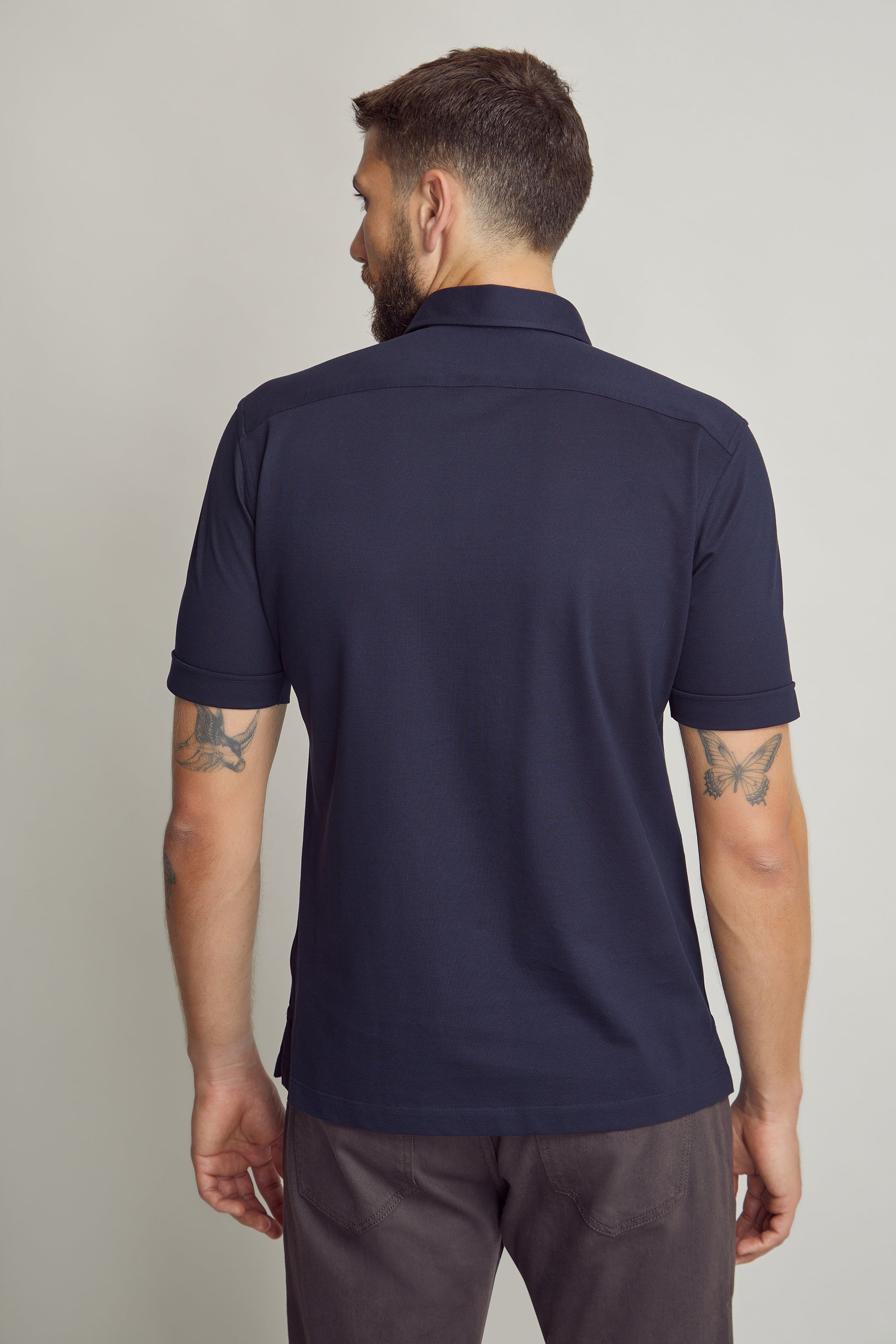 Midnight Blue Pique Polo Shirt custom tailored in Sydney Australia, back view.