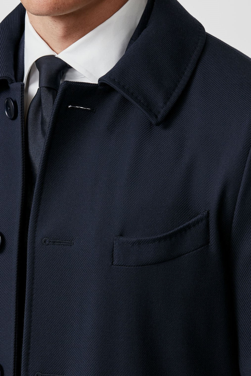 Dark Blue Storm System Wool Carcoat custom tailored in Sydney Australia, close up view.