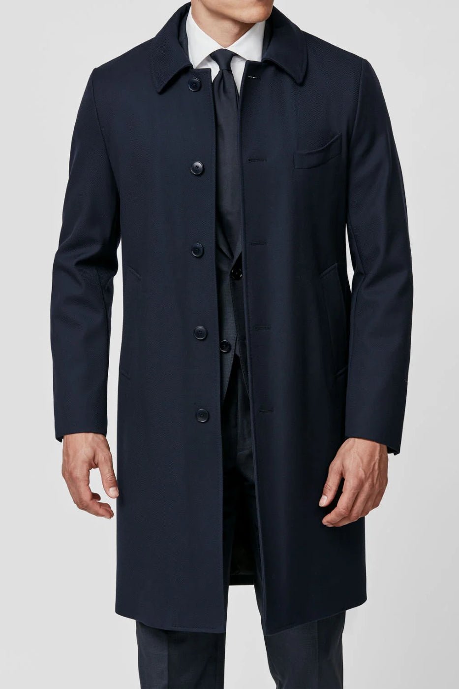 Dark Blue Storm System Wool Carcoat custom tailored in Sydney Australia.